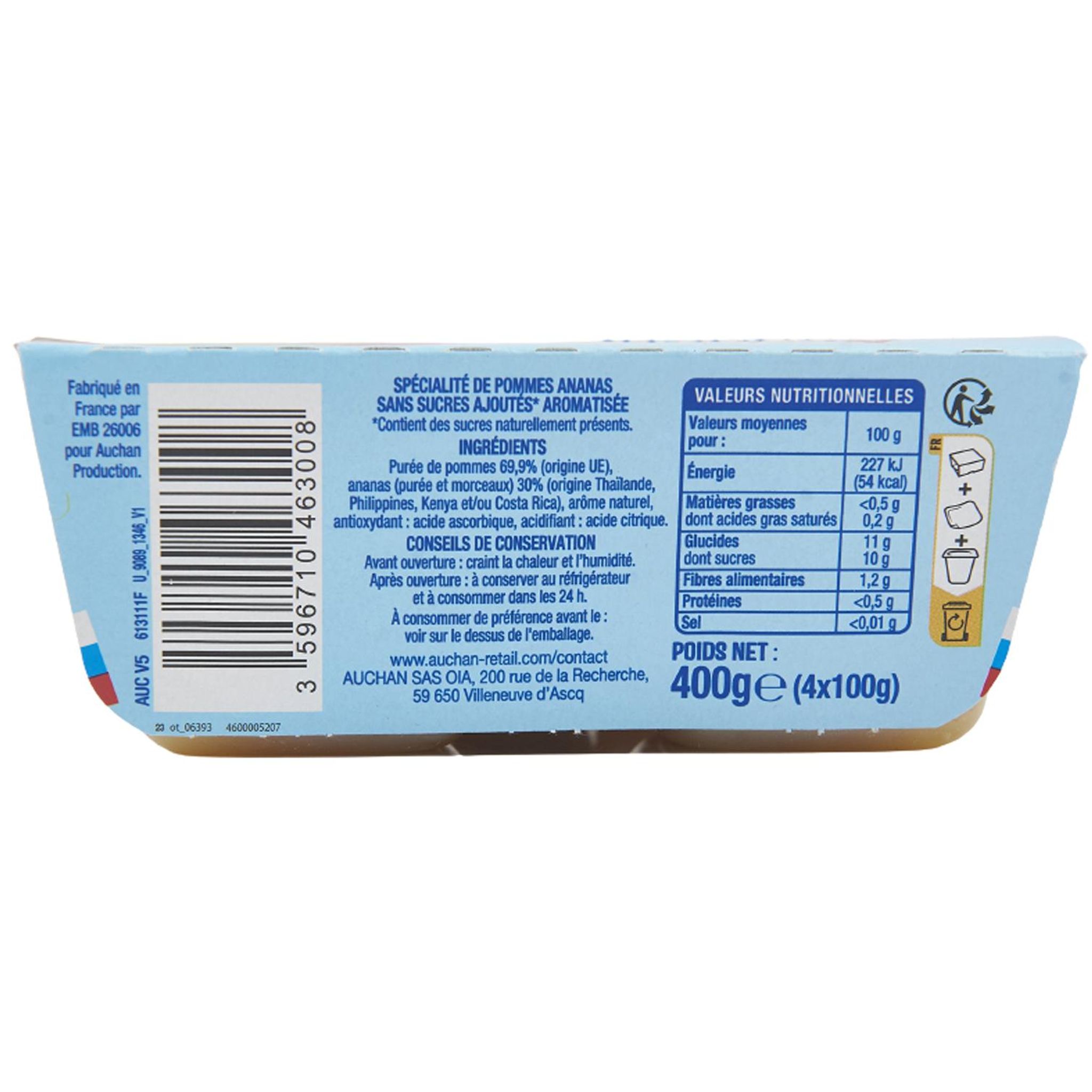 Voir la diapositive 2 : AUCHAN Coupelles spécialité pomme ananas sans sucres ajoutés 4x100g