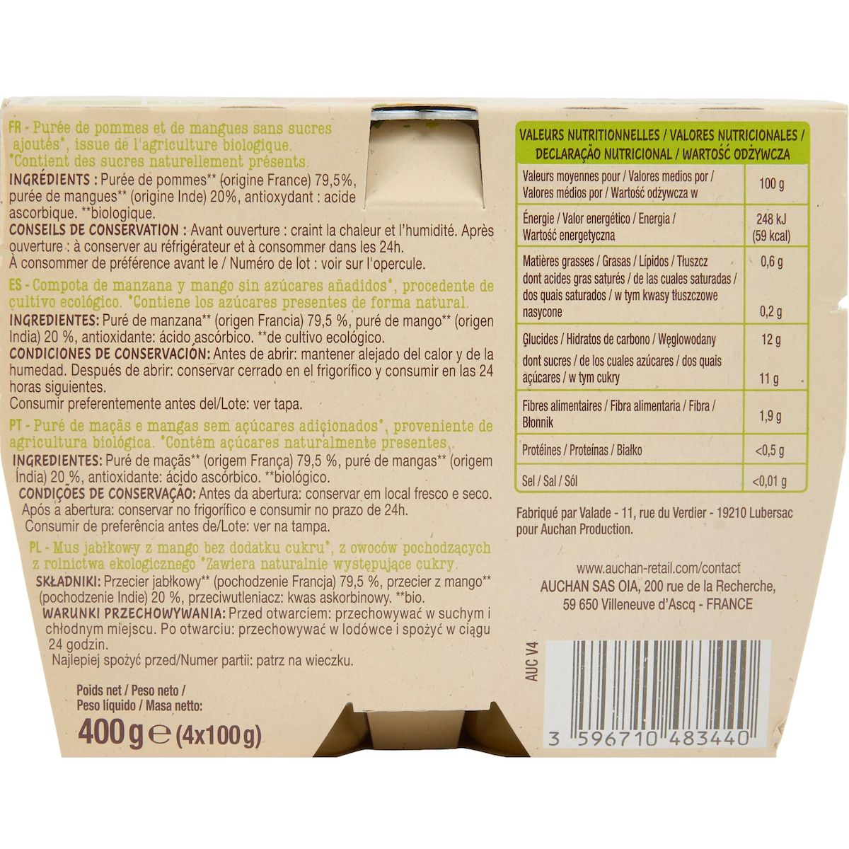 AUCHAN BIO Coupelles de purée de pomme mangue sans sucres ajoutés 4x100g