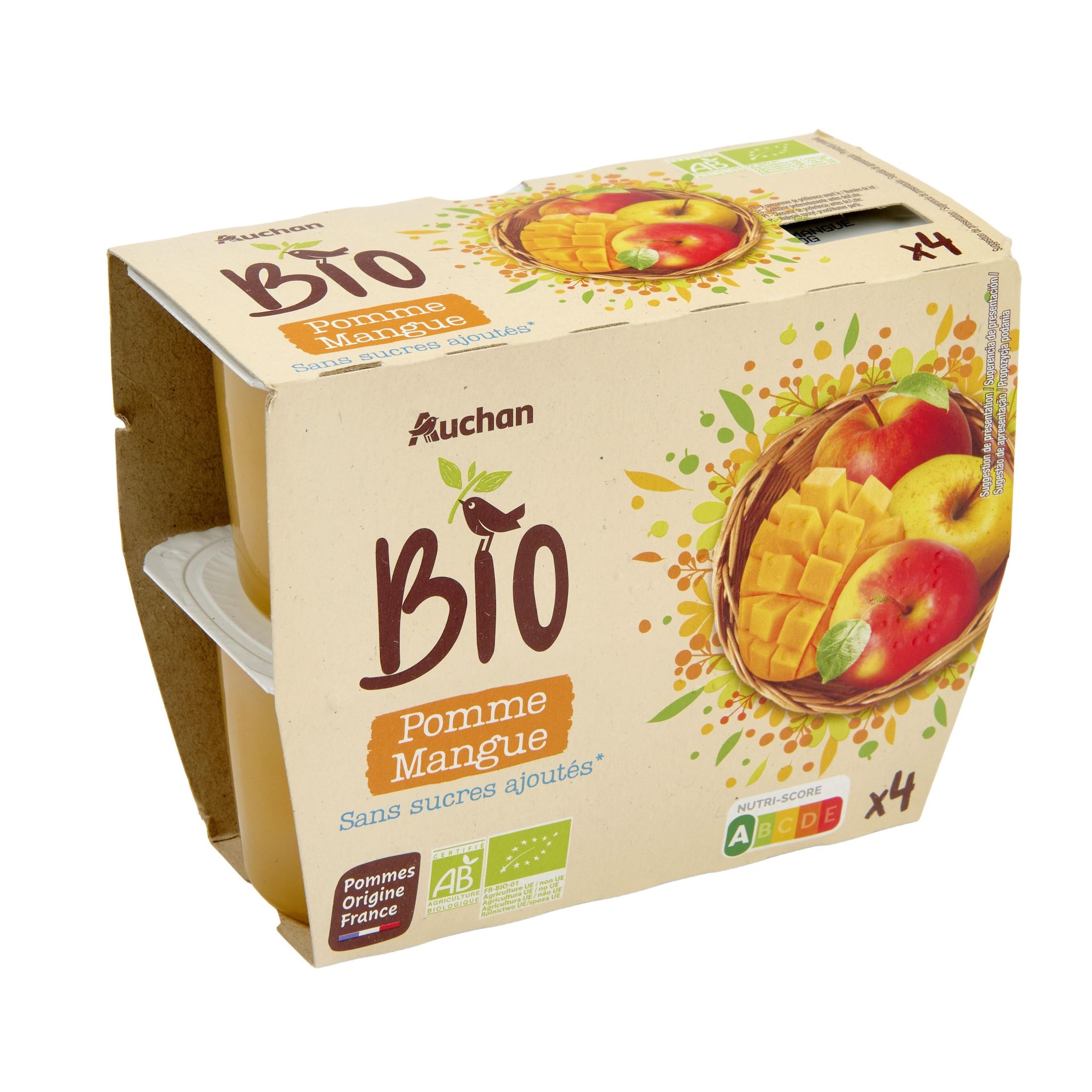 Voir la diapositive 2 : AUCHAN BIO Coupelles de purée de pomme mangue sans sucres ajoutés 4x100g