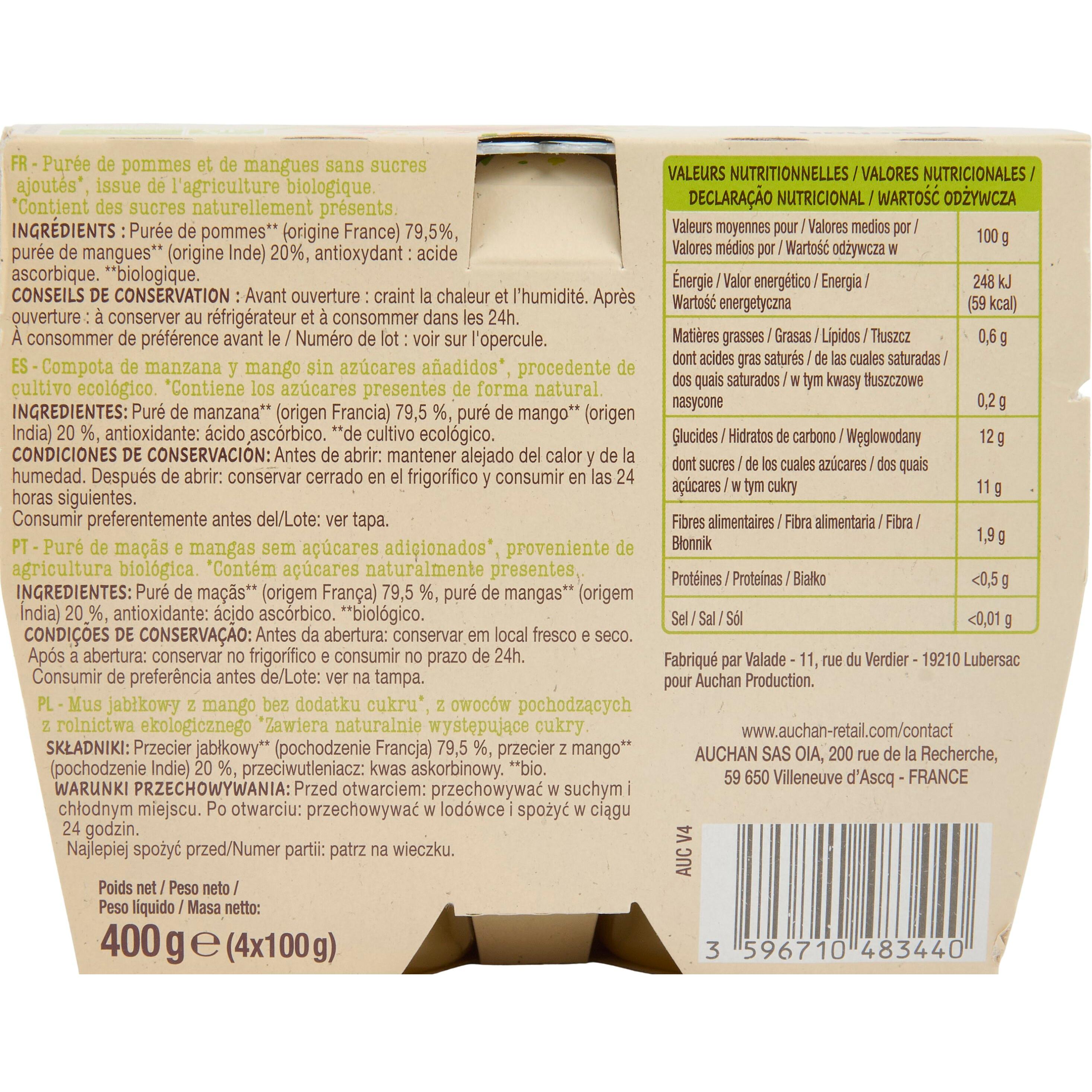 Voir la diapositive 4 : AUCHAN BIO Coupelles de purée de pomme mangue sans sucres ajoutés 4x100g