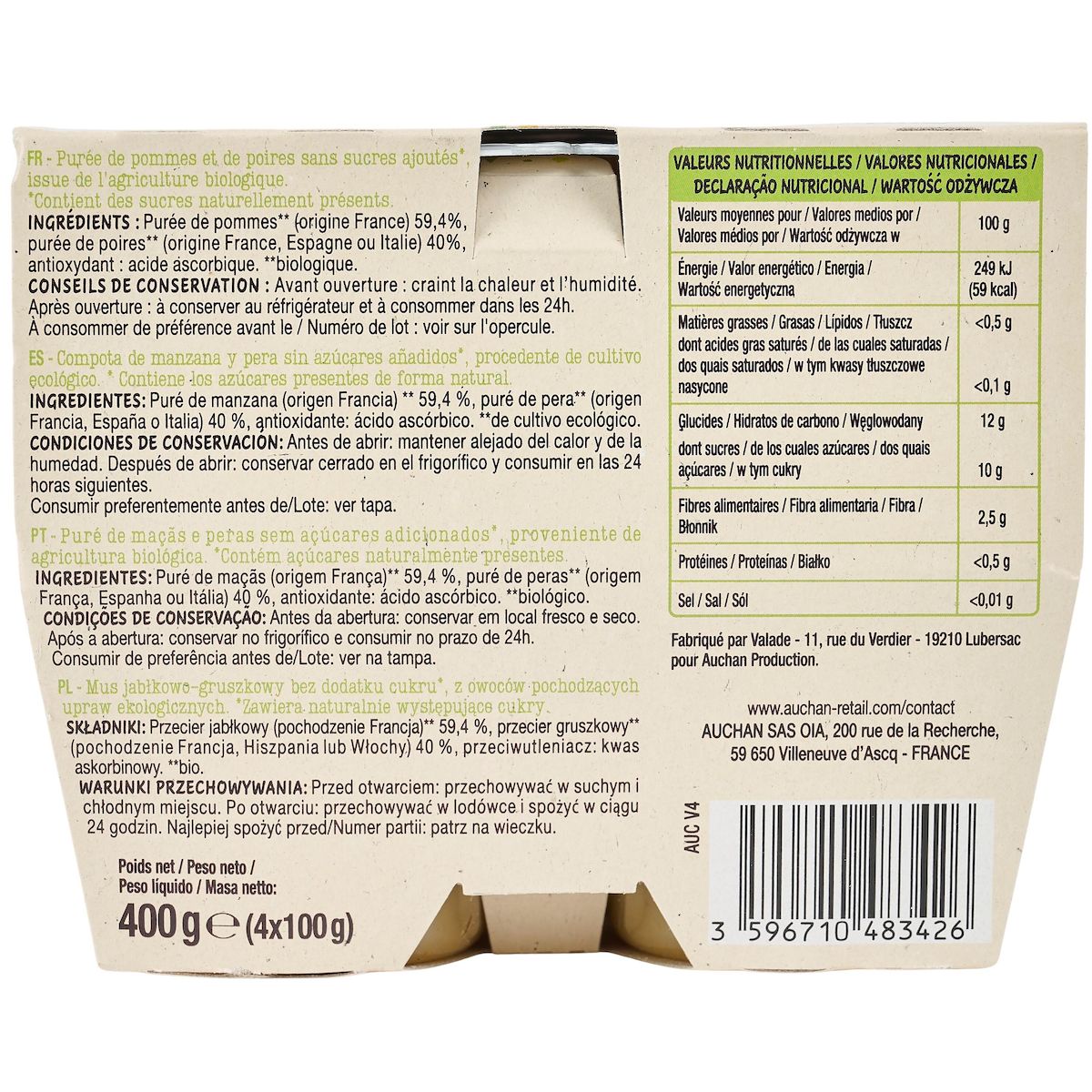 AUCHAN BIO Coupelles de purée de pomme poire sans sucres ajoutés 4x100g