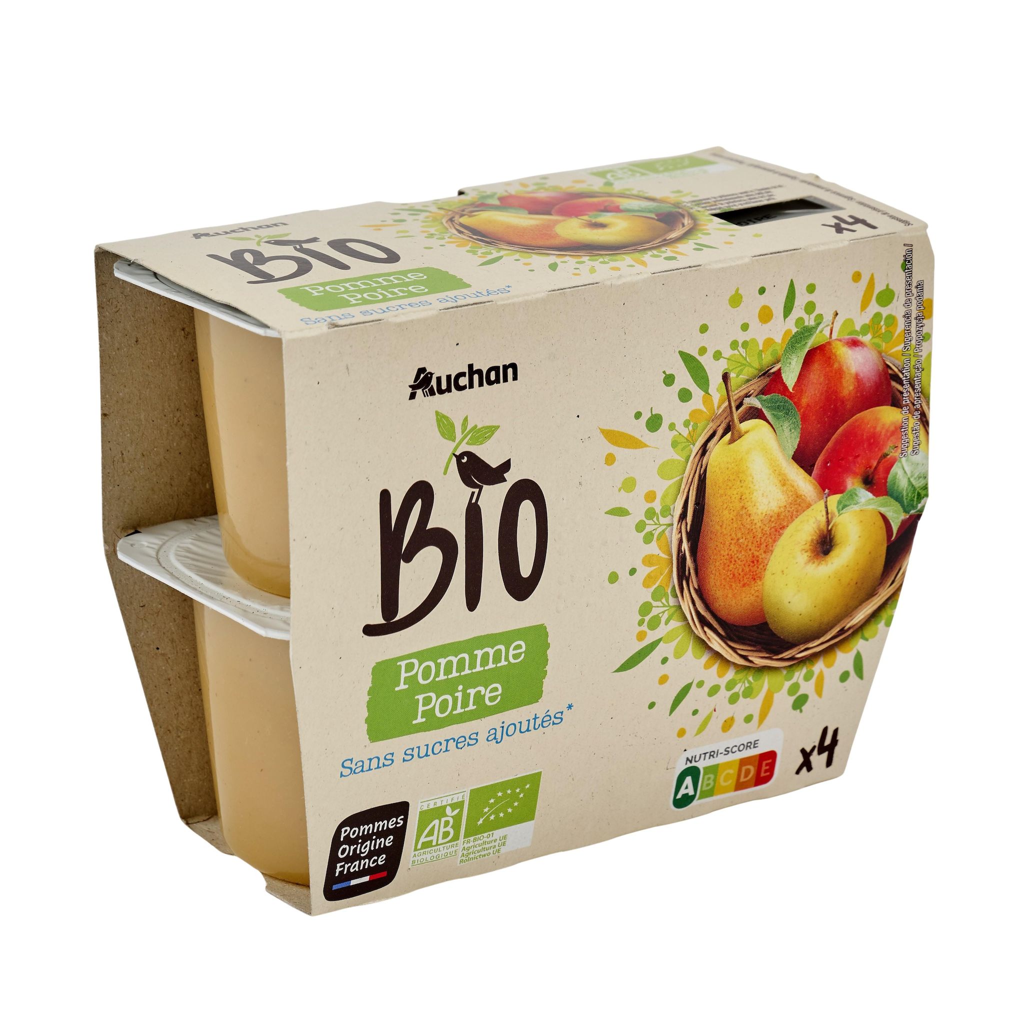 Voir la diapositive 3 : AUCHAN BIO Coupelles de purée de pomme poire sans sucres ajoutés 4x100g
