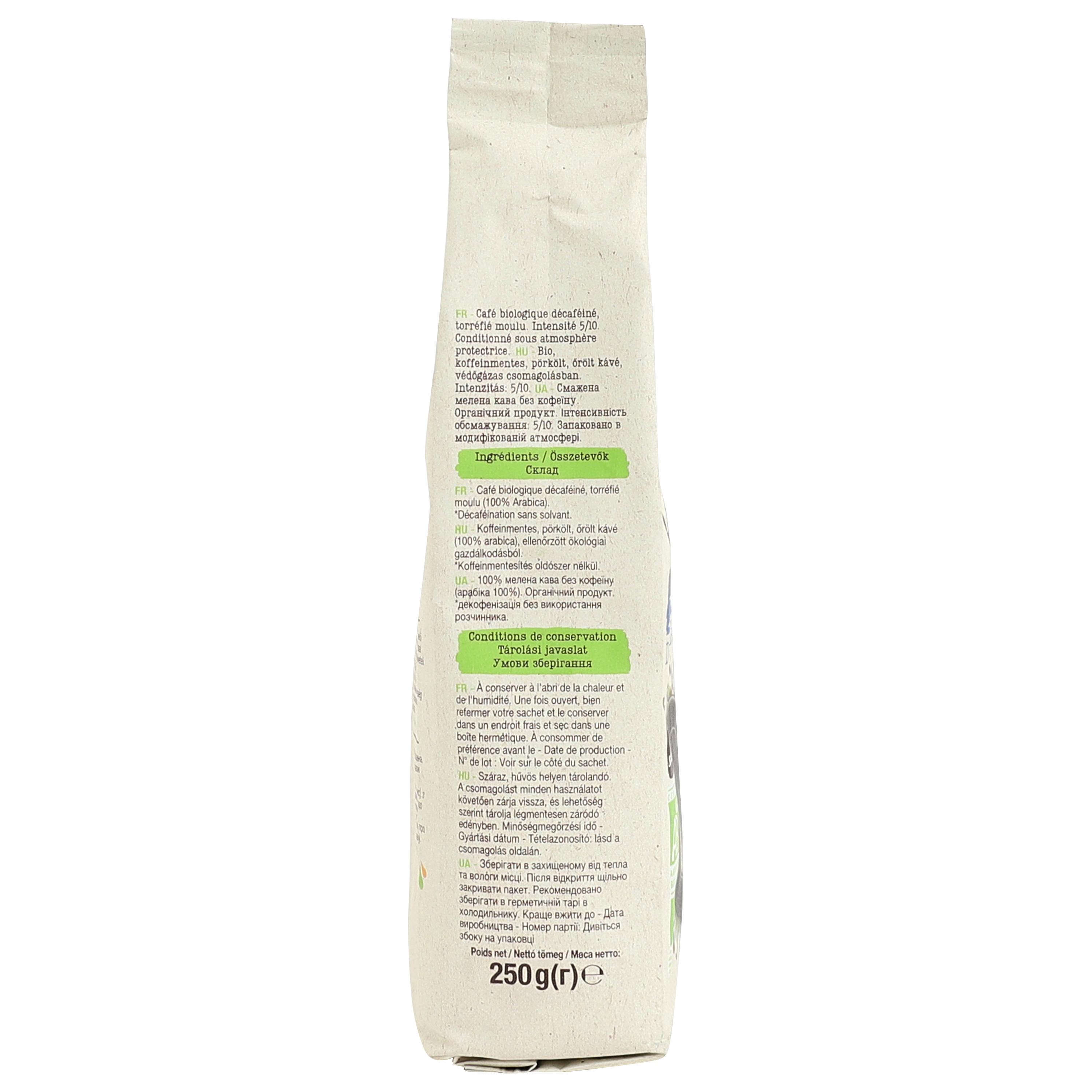 Voir la diapositive 2 : AUCHAN BIO Café moulu décaféiné 100% arabica intensité 5 250g