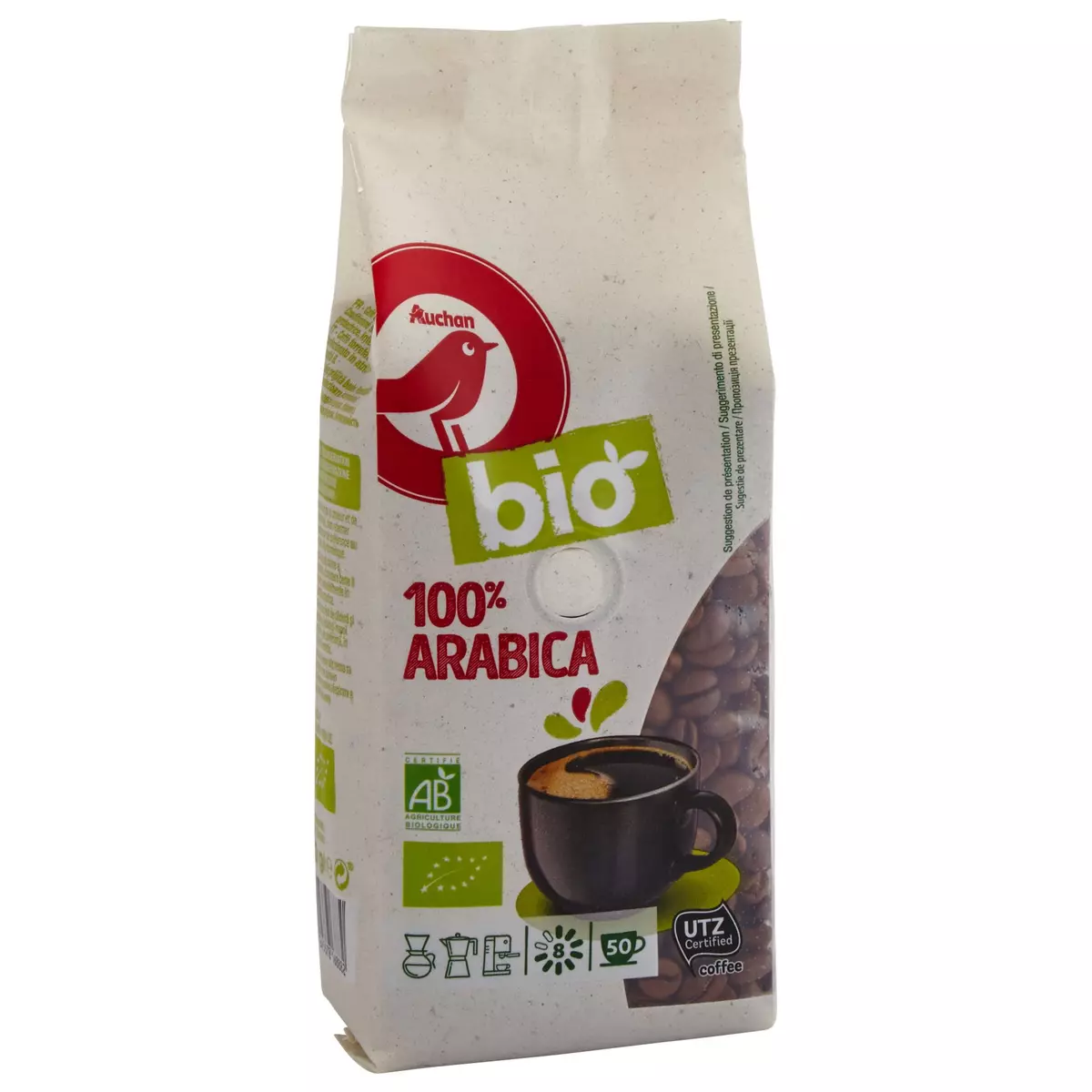 AUCHAN BIO Café en grains 100% arabica intensité 8 250G