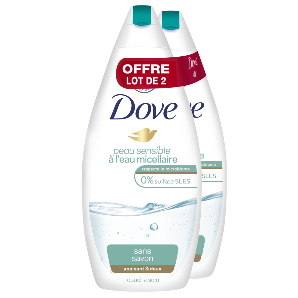 DOVE Gel douche sans savon à l'eau micellaire pour peaux sensibles 2x750ml