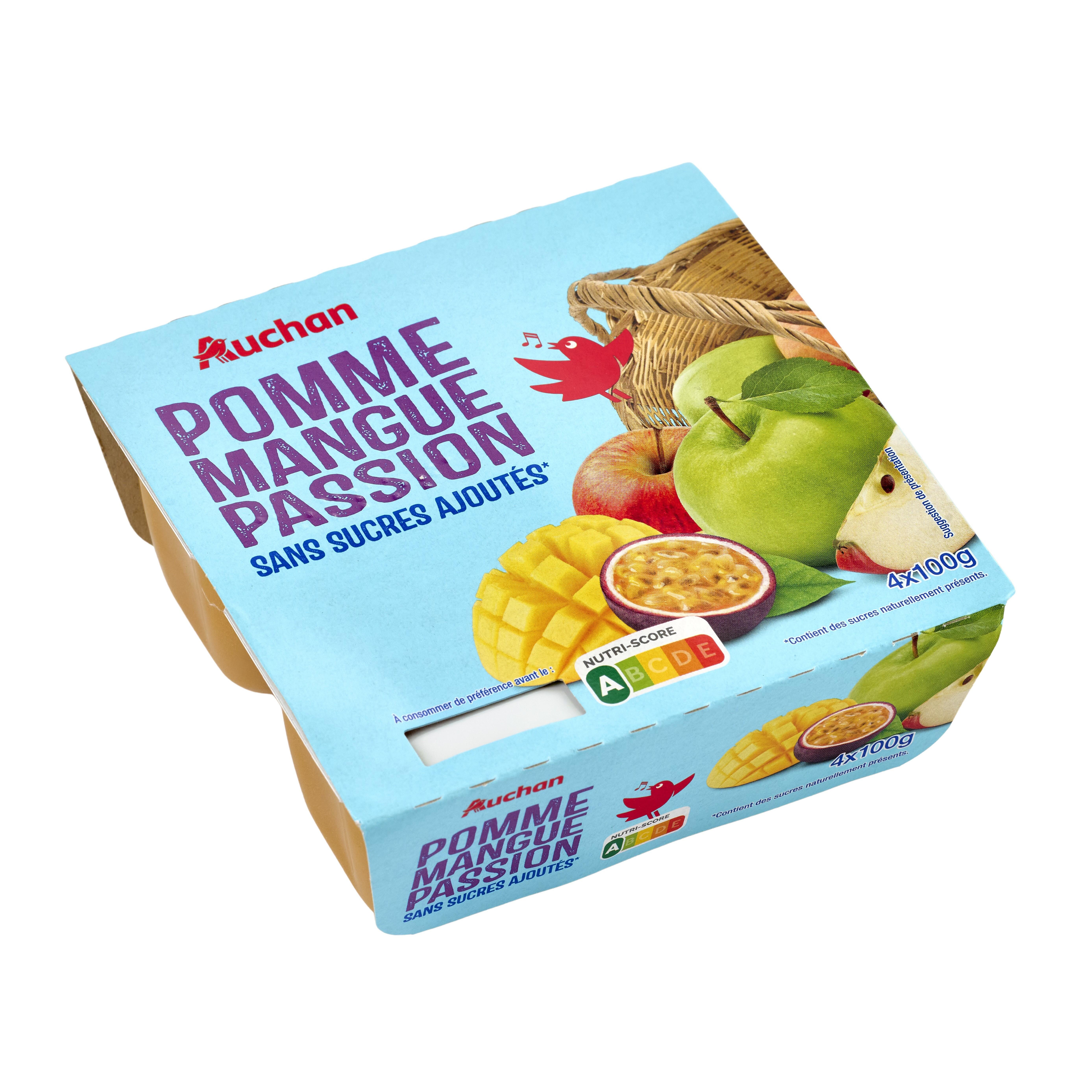 Voir la diapositive 2 : AUCHAN Coupelles pomme mangue passion sans sucres ajoutés 4x100g
