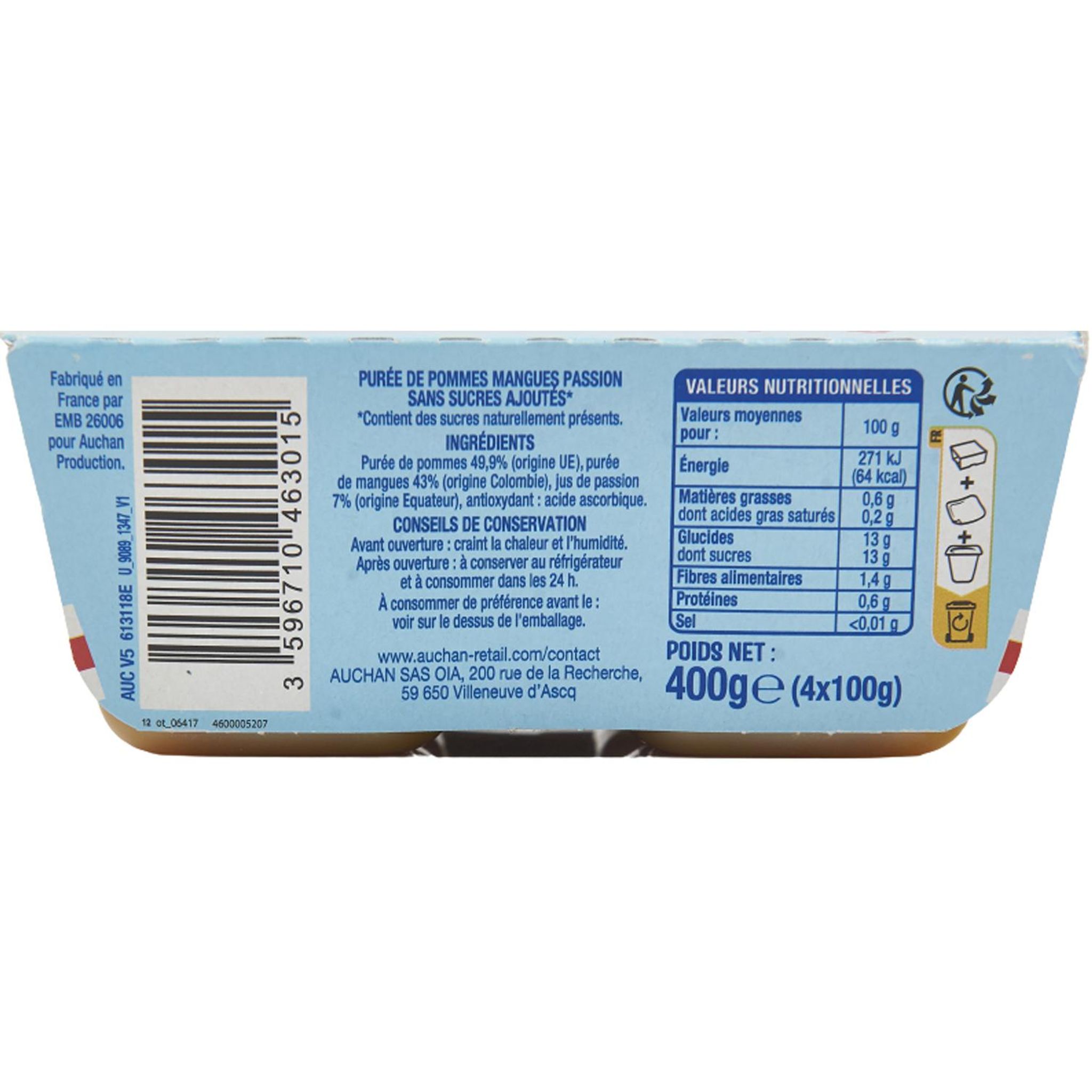 Voir la diapositive 2 : AUCHAN Coupelles pomme mangue passion sans sucres ajoutés 4x100g