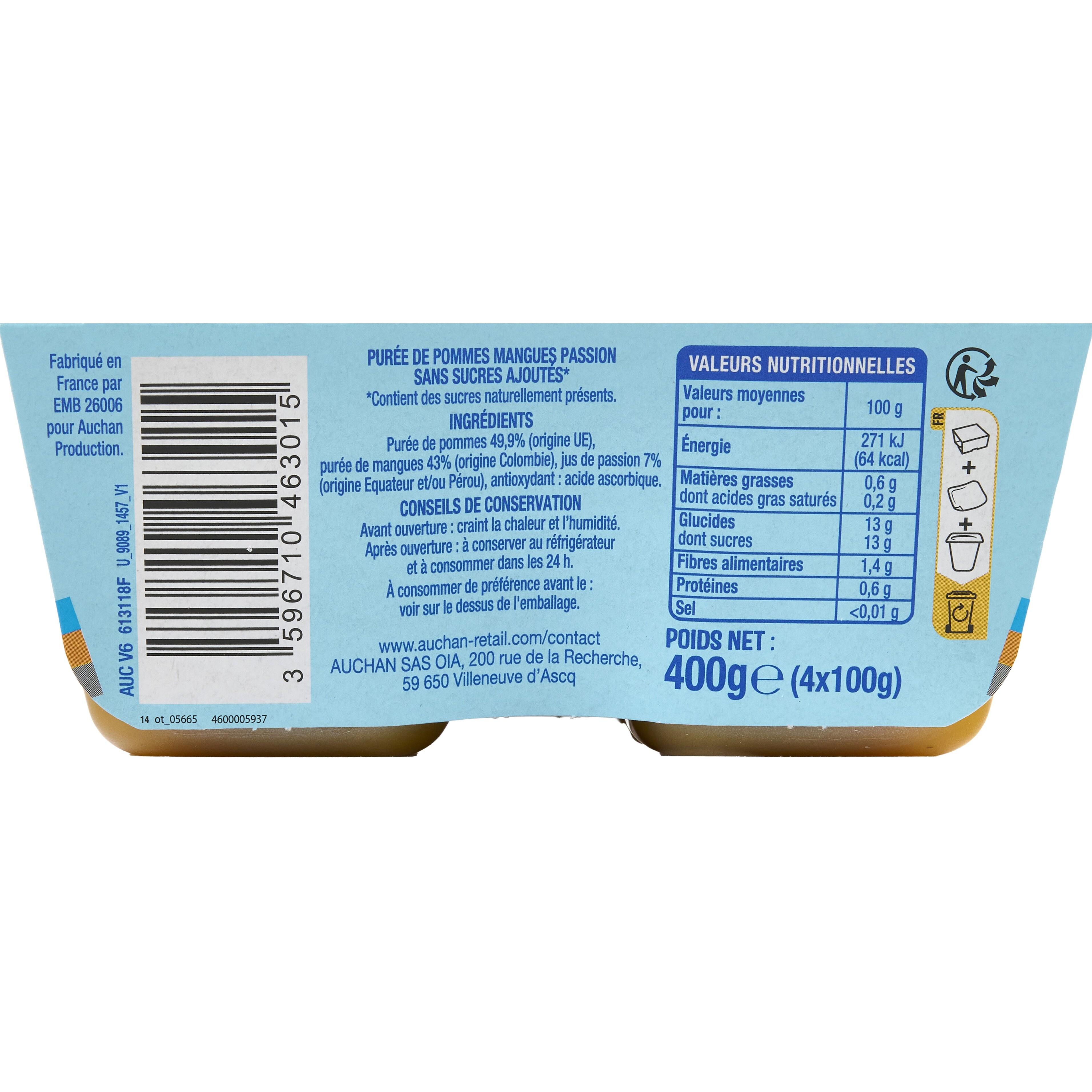Voir la diapositive 3 : AUCHAN Coupelles pomme mangue passion sans sucres ajoutés 4x100g