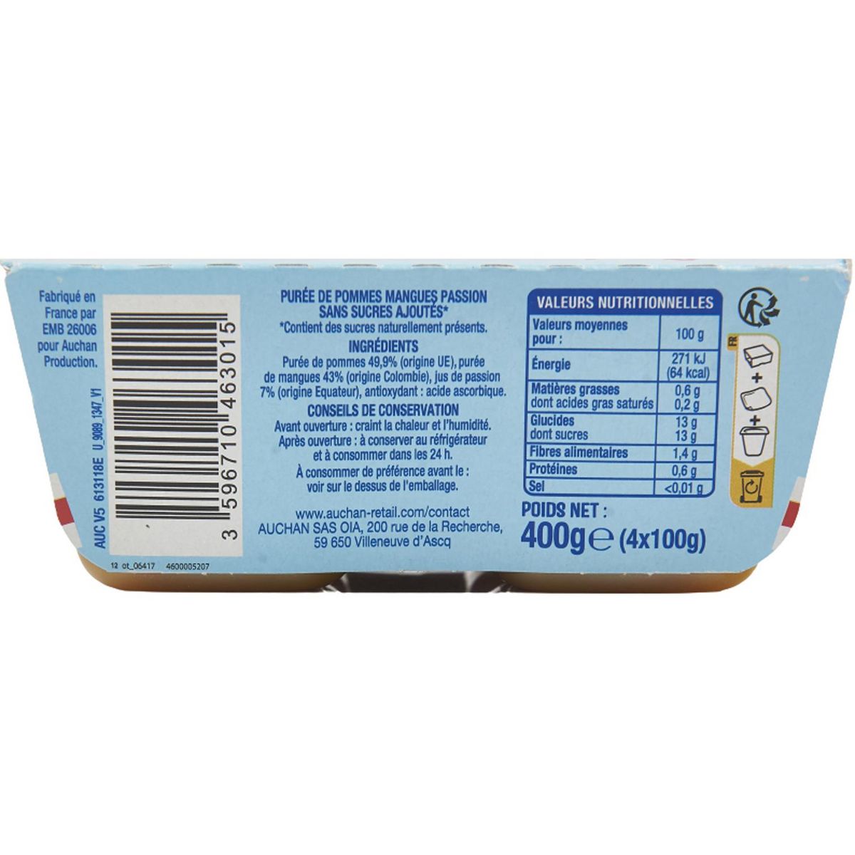 AUCHAN Coupelles pomme mangue passion sans sucres ajoutés 4x100g