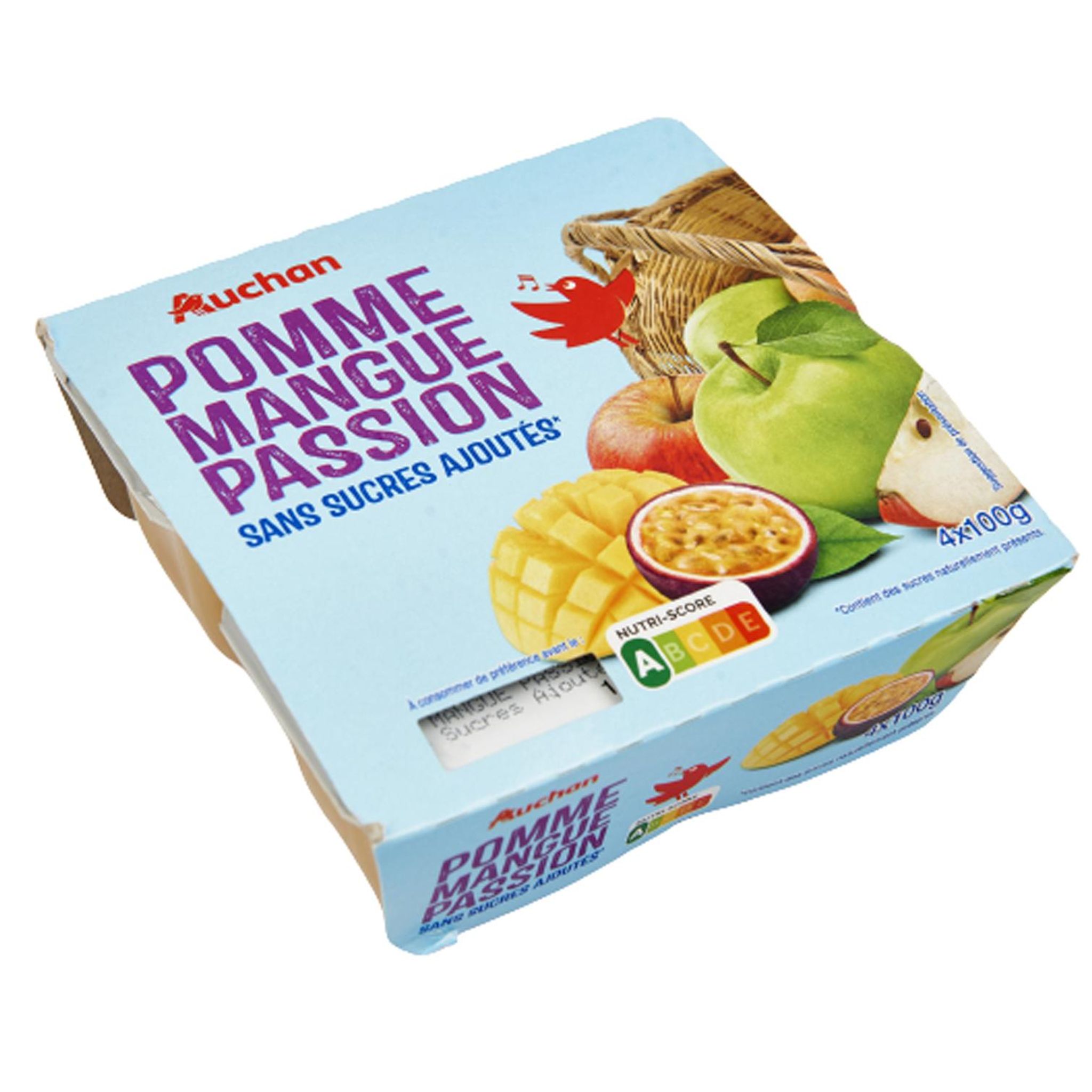 Voir la diapositive 3 : AUCHAN Coupelles pomme mangue passion sans sucres ajoutés 4x100g