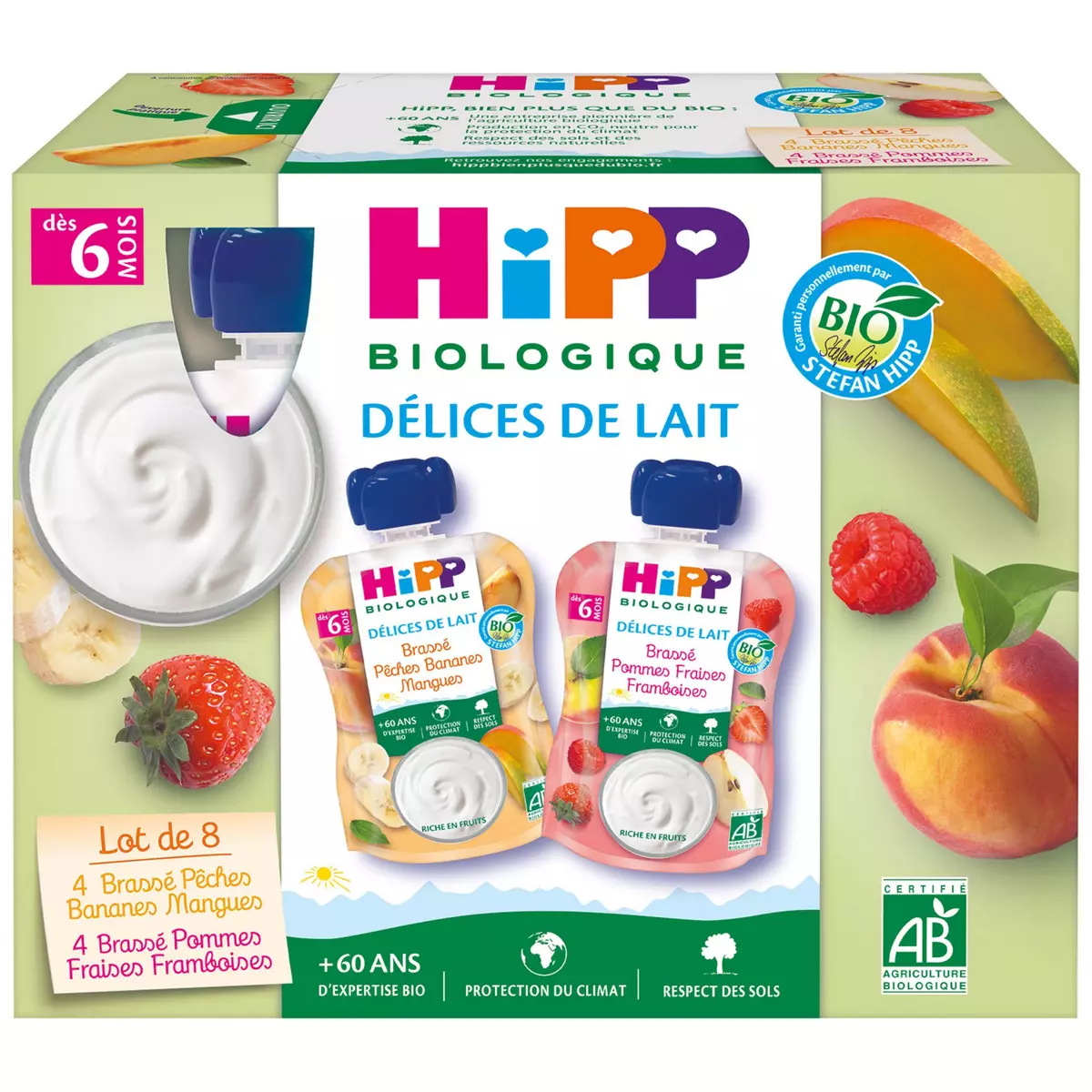 HIPP Gourdes dessert lactée aux fruits bio 2 variétés dès 6 mois 8x90g