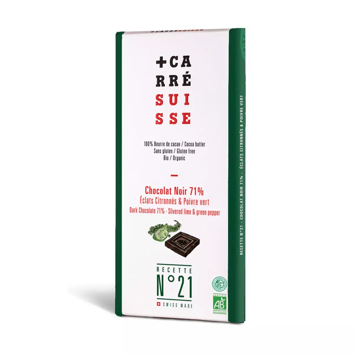 CARRE SUISSE Tablette de chocolat noir 71% bio éclat citron poivre vert 1 pièce 100g