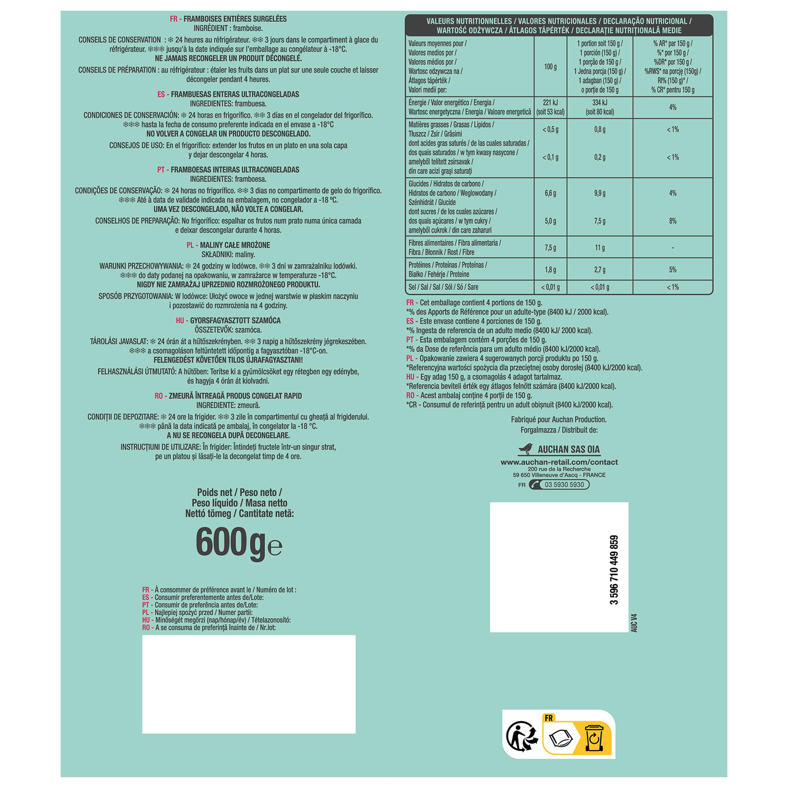 Voir la diapositive 2 : AUCHAN Framboises et myrtilles fruits entiers surgelés 450g