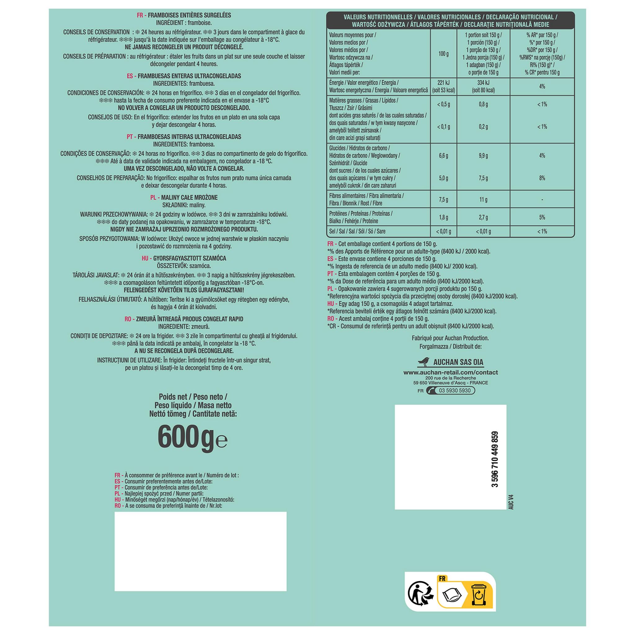 Voir la diapositive 3 : AUCHAN Framboises et myrtilles fruits entiers surgelés 450g