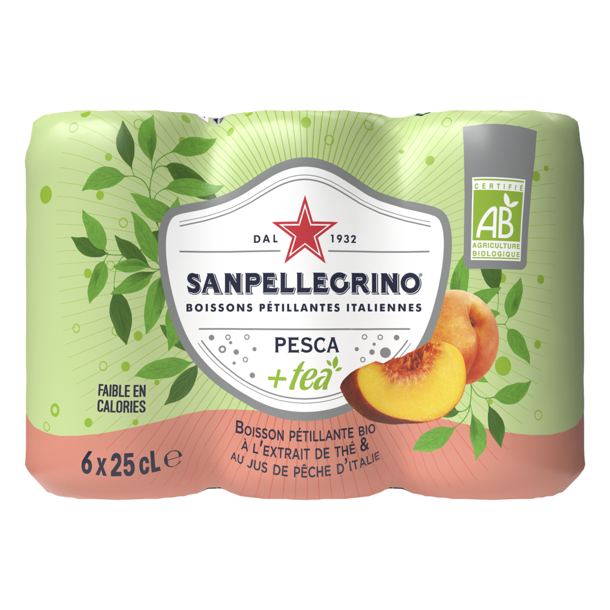 SAN PELLEGRINO Boisson pétillante au thé et au jus de pêche bio boîtes 6x25cl