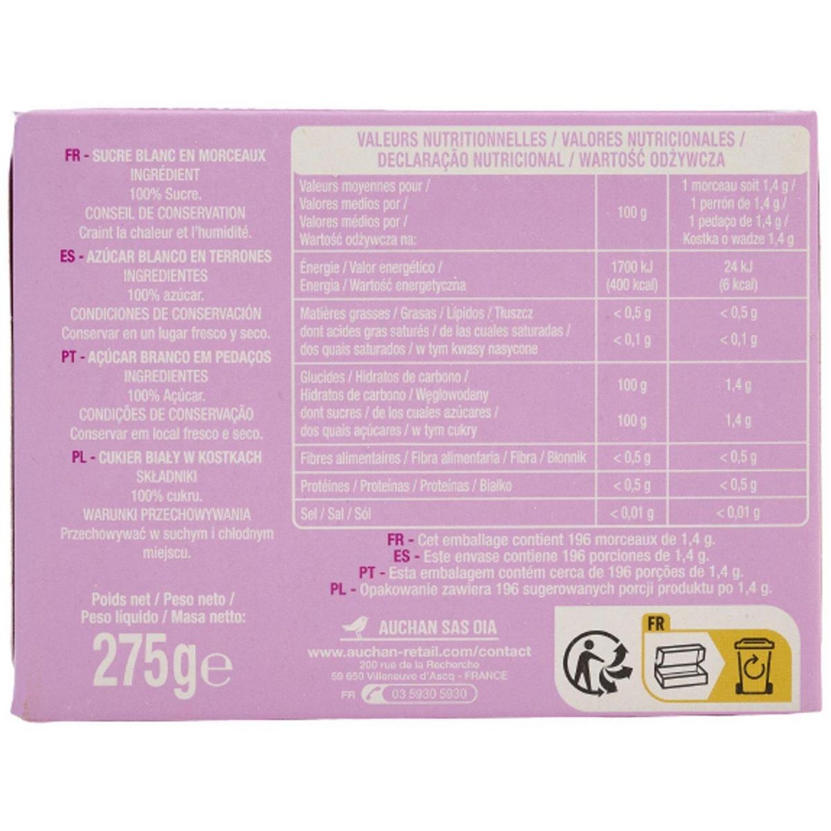 AUCHAN Mini morceaux de sucre blanc 275g