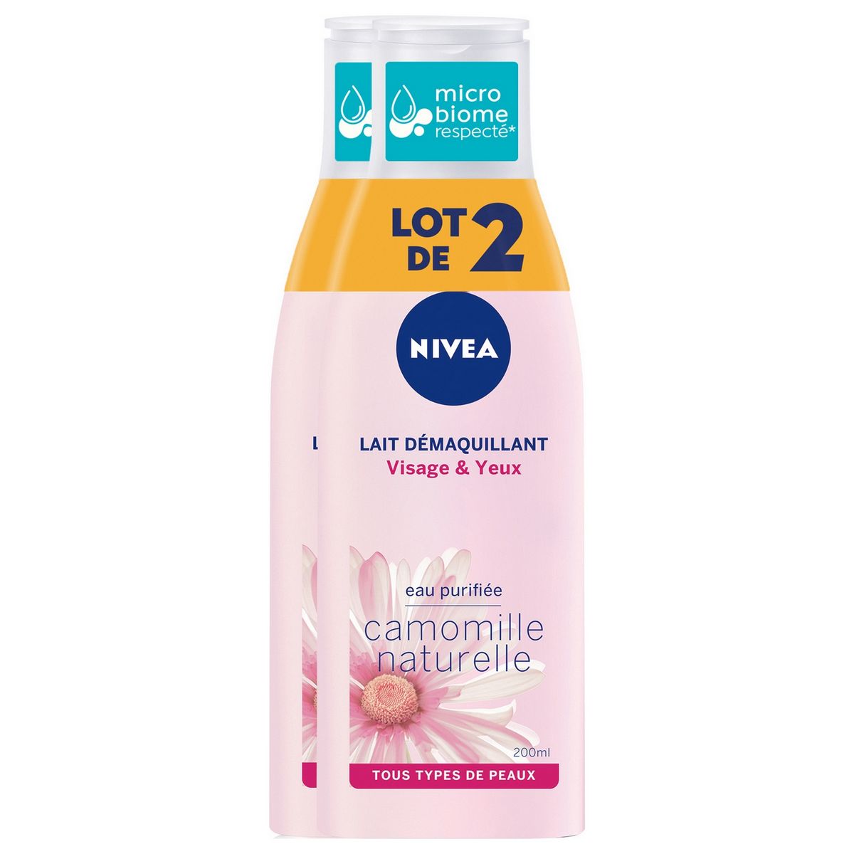 NIVEA Lait démaquillant visage et yeux à la camomille naturelle tous types de peaux 2x200ml