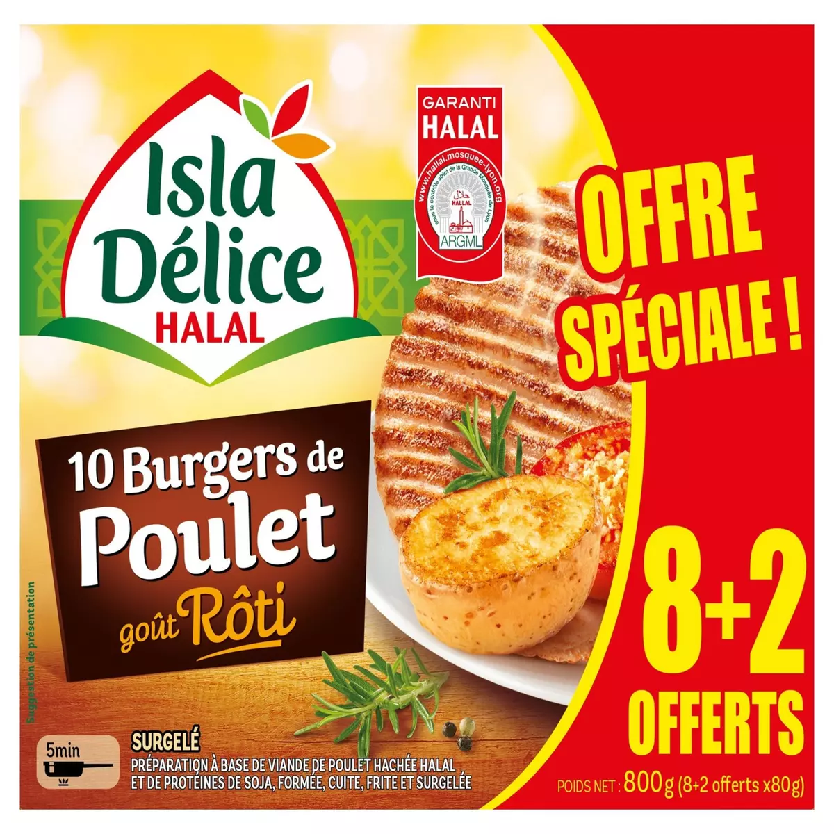ISLA DELICE Burger de poulet gout rôti 8+2 offerts  800g