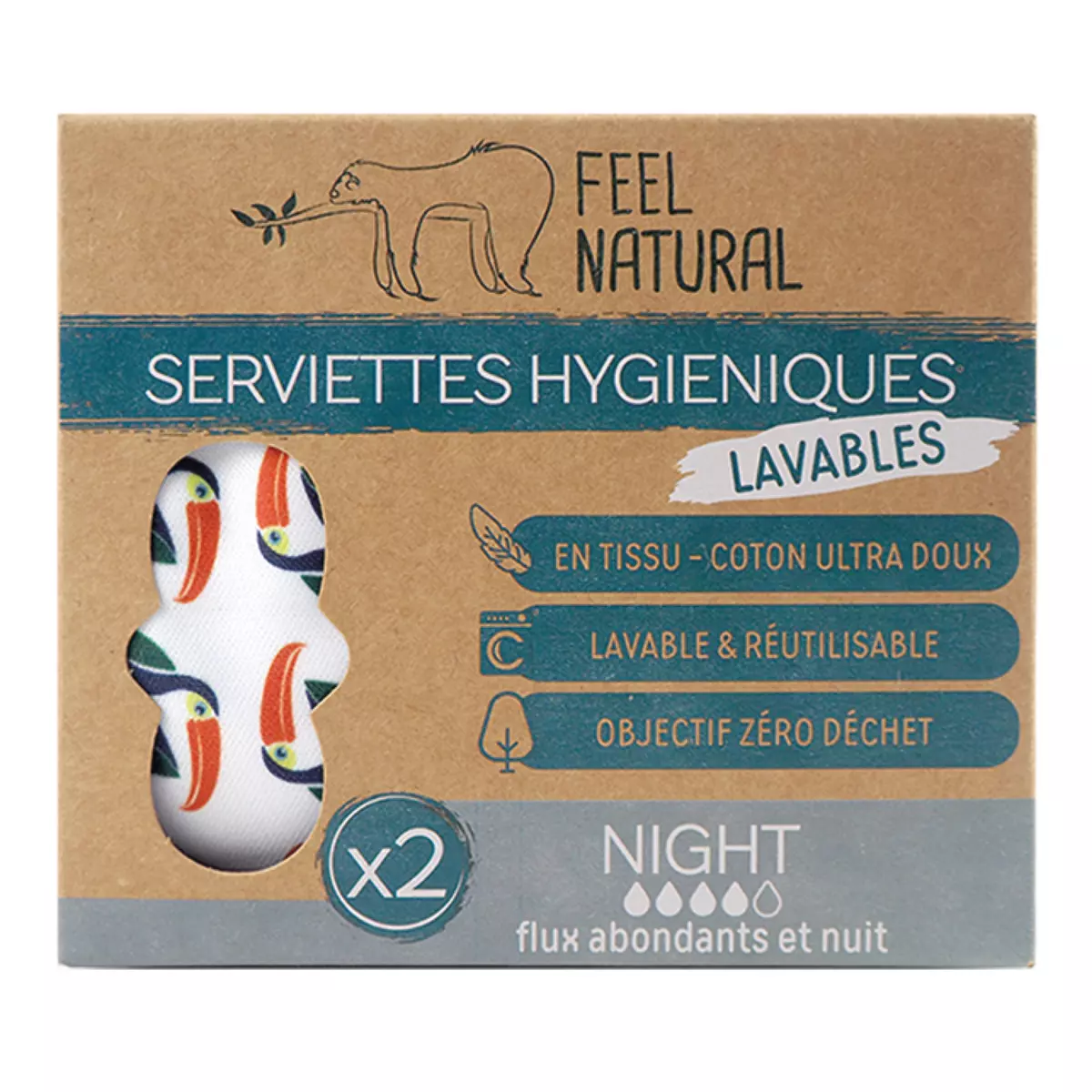 FEEL NATURAL Serviettes hygiéniques lavables night flux abondants et nuit 2 pièces