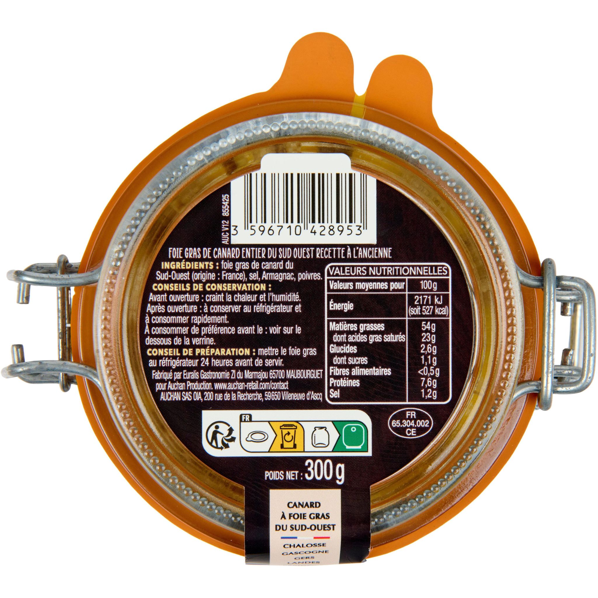 Voir la diapositive 2 : AUCHAN TERROIR Foie gras entier de canard du Sud-Ouest IGP à l'ancienne 7 parts 300g