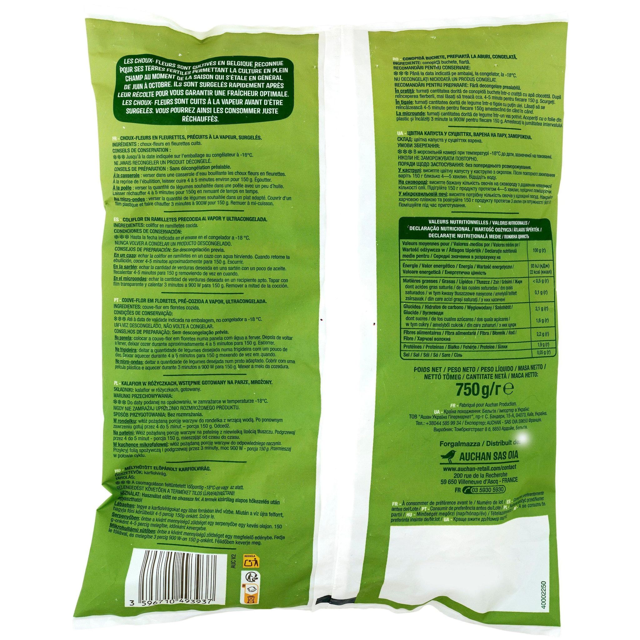 Voir la diapositive 2 : AUCHAN Déjà cuit - Choux-fleurs en fleurettes 3-4 portions 750g