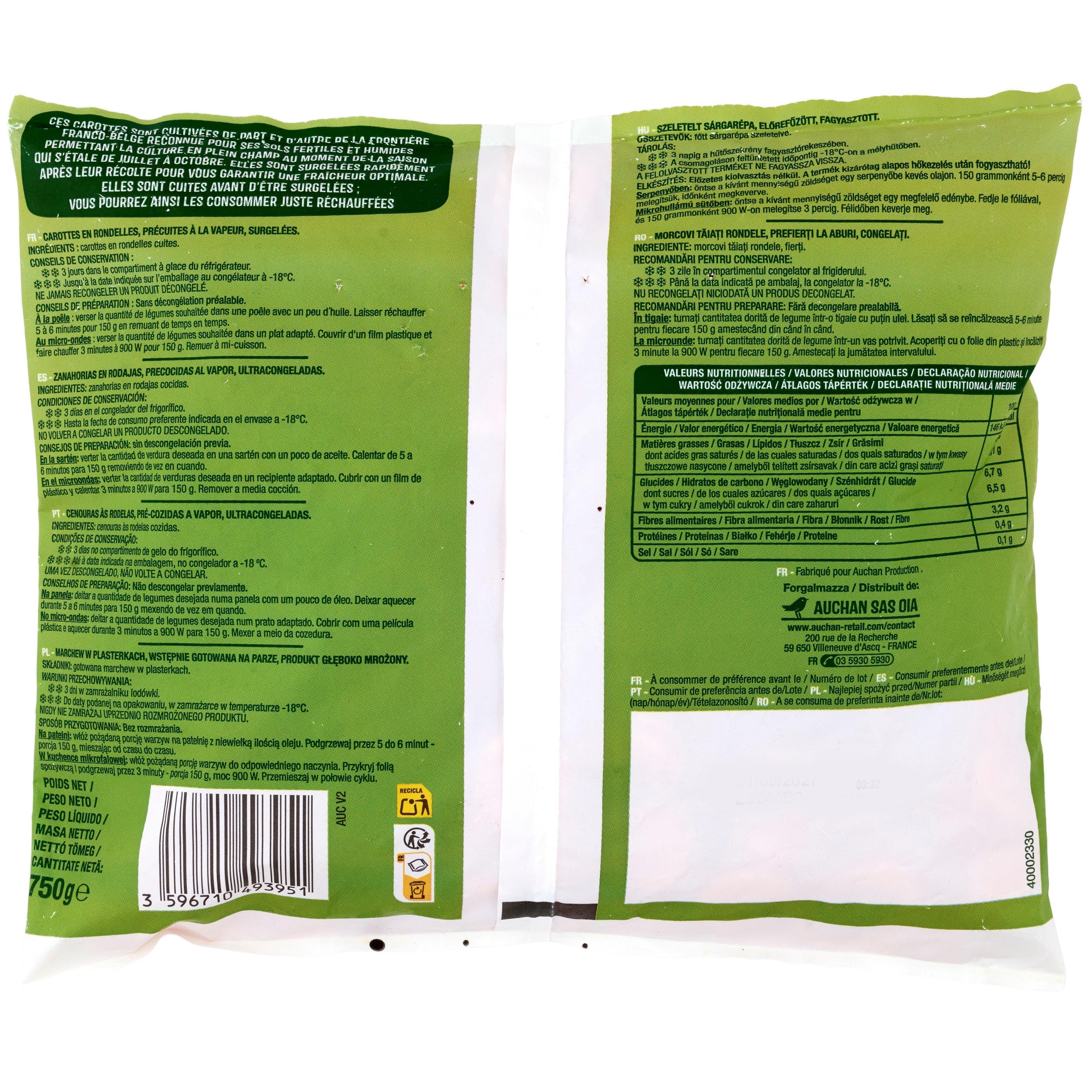 Voir la diapositive 2 : AUCHAN Déjà cuit - Carottes en rondelles 5 portions 750g