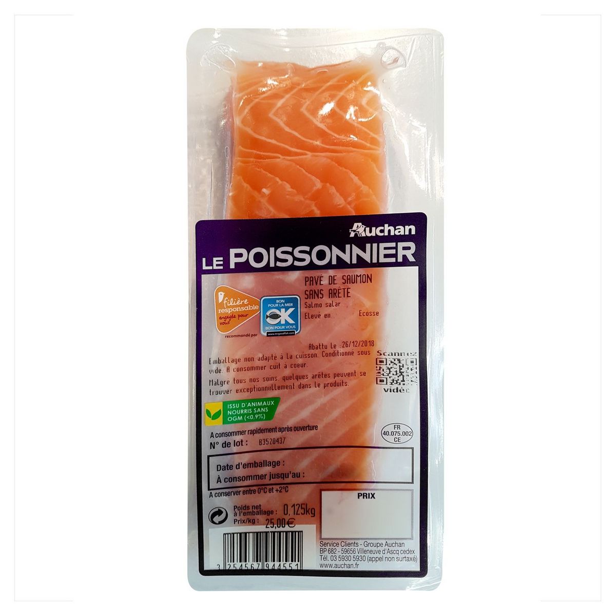 AUCHAN LE POISSONNIER CULTIVONS LE BON Pavé de saumon d'Ecosse  125g