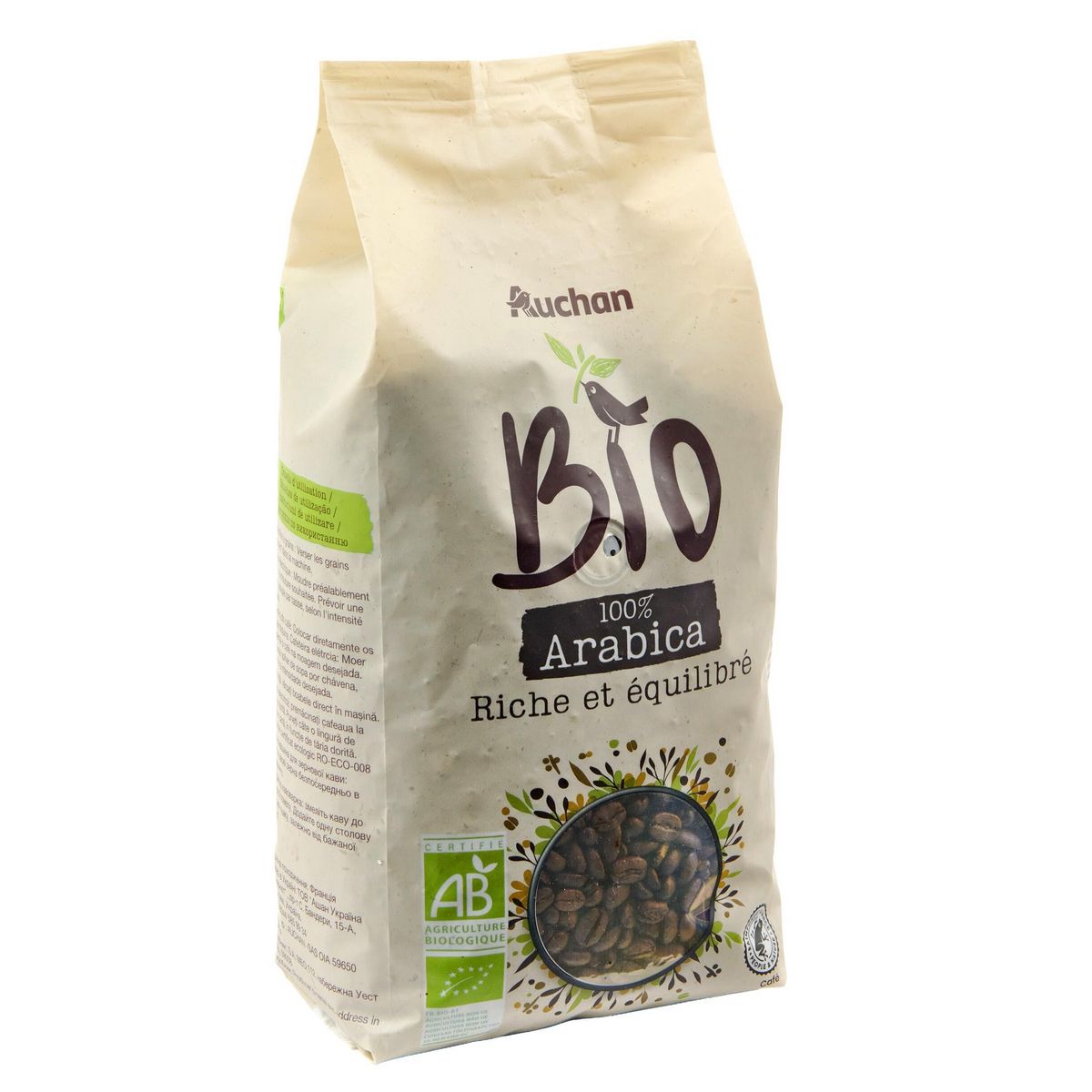 AUCHAN BIO Café en grains 100% arabica intensité 8 1kg