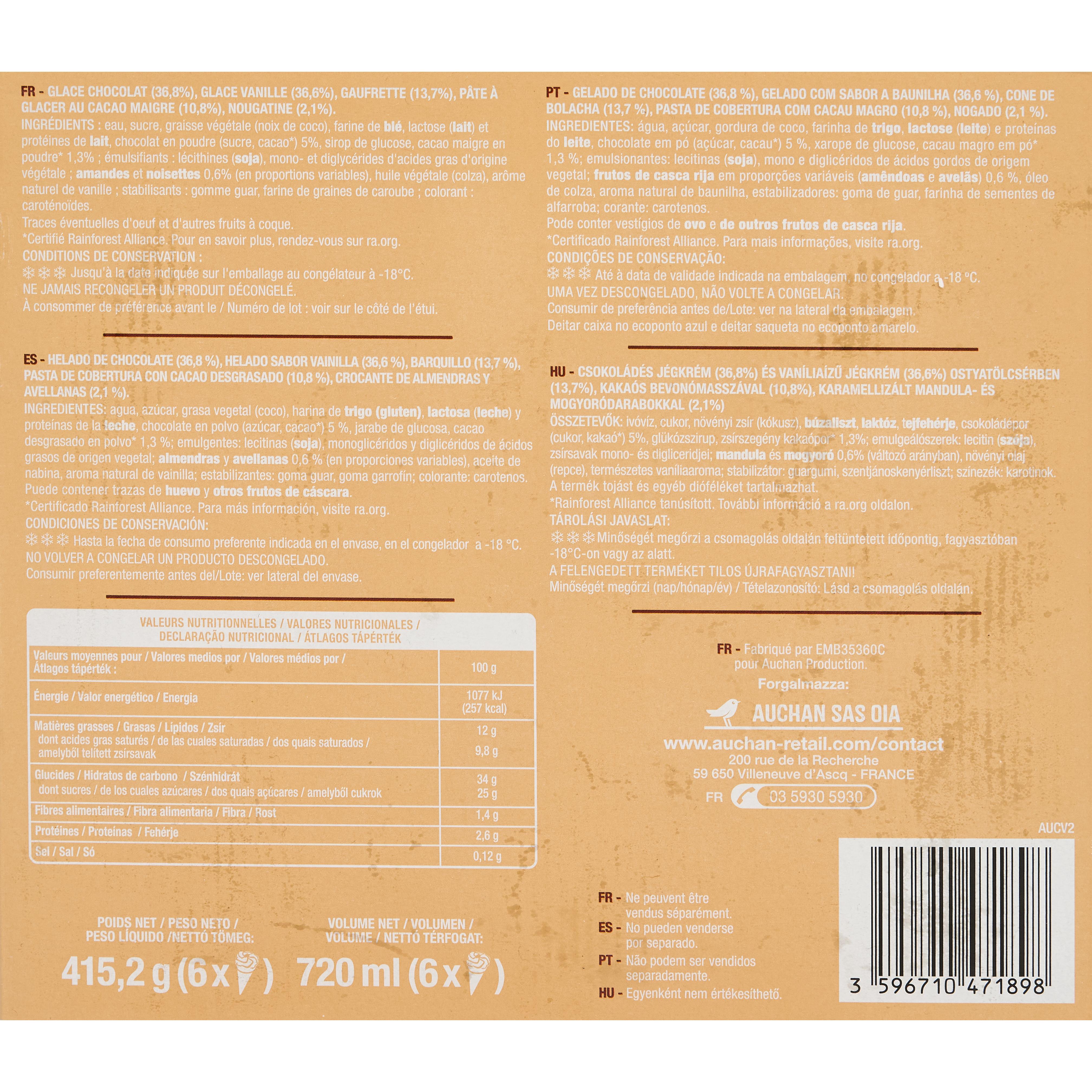 Voir la diapositive 2 : AUCHAN Cônes glacés vanille chocolat 6 pièces 415g