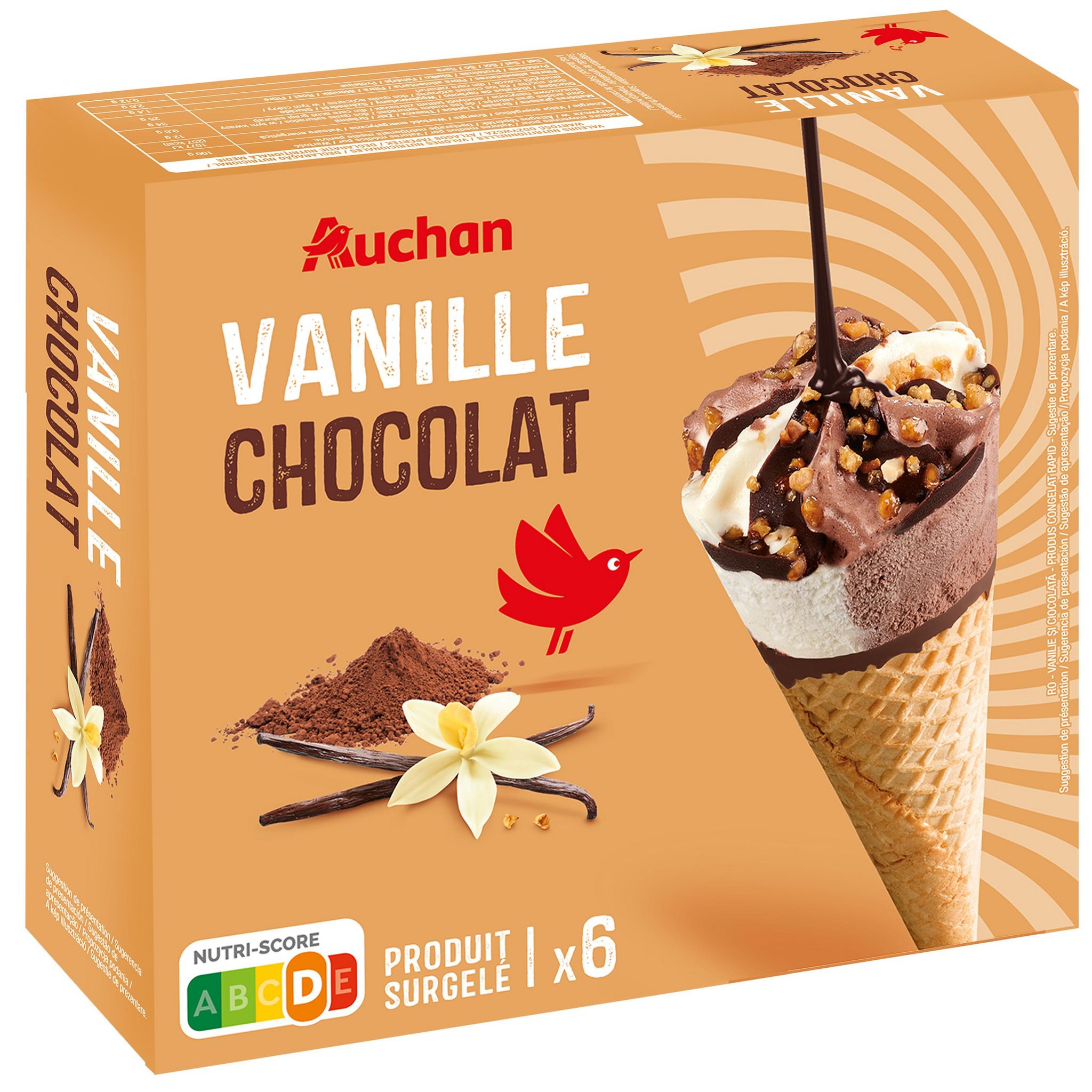 Voir la diapositive 2 : AUCHAN Cônes glacés vanille chocolat 6 pièces 415g