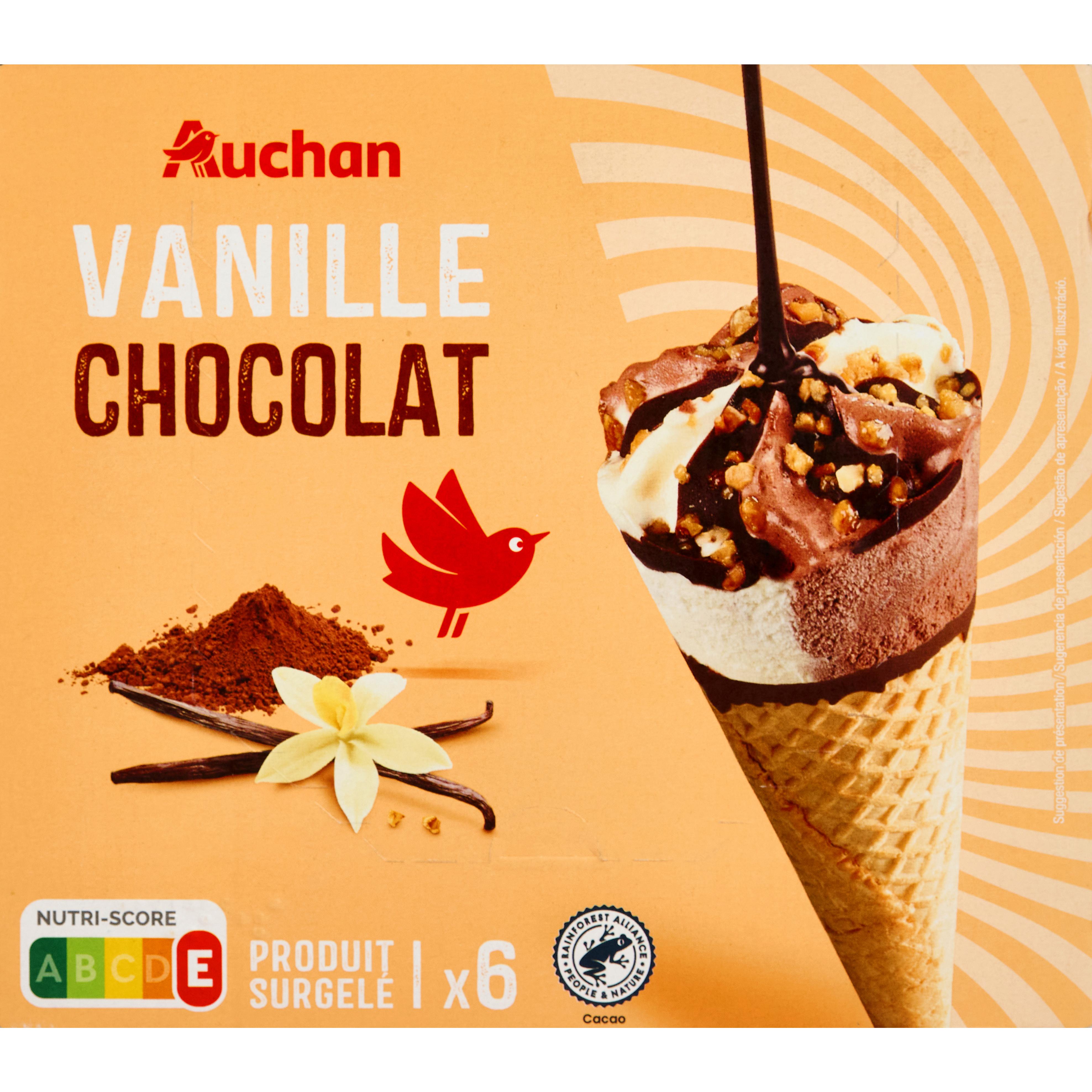 Voir la diapositive 3 : AUCHAN Cônes glacés vanille chocolat 6 pièces 415g