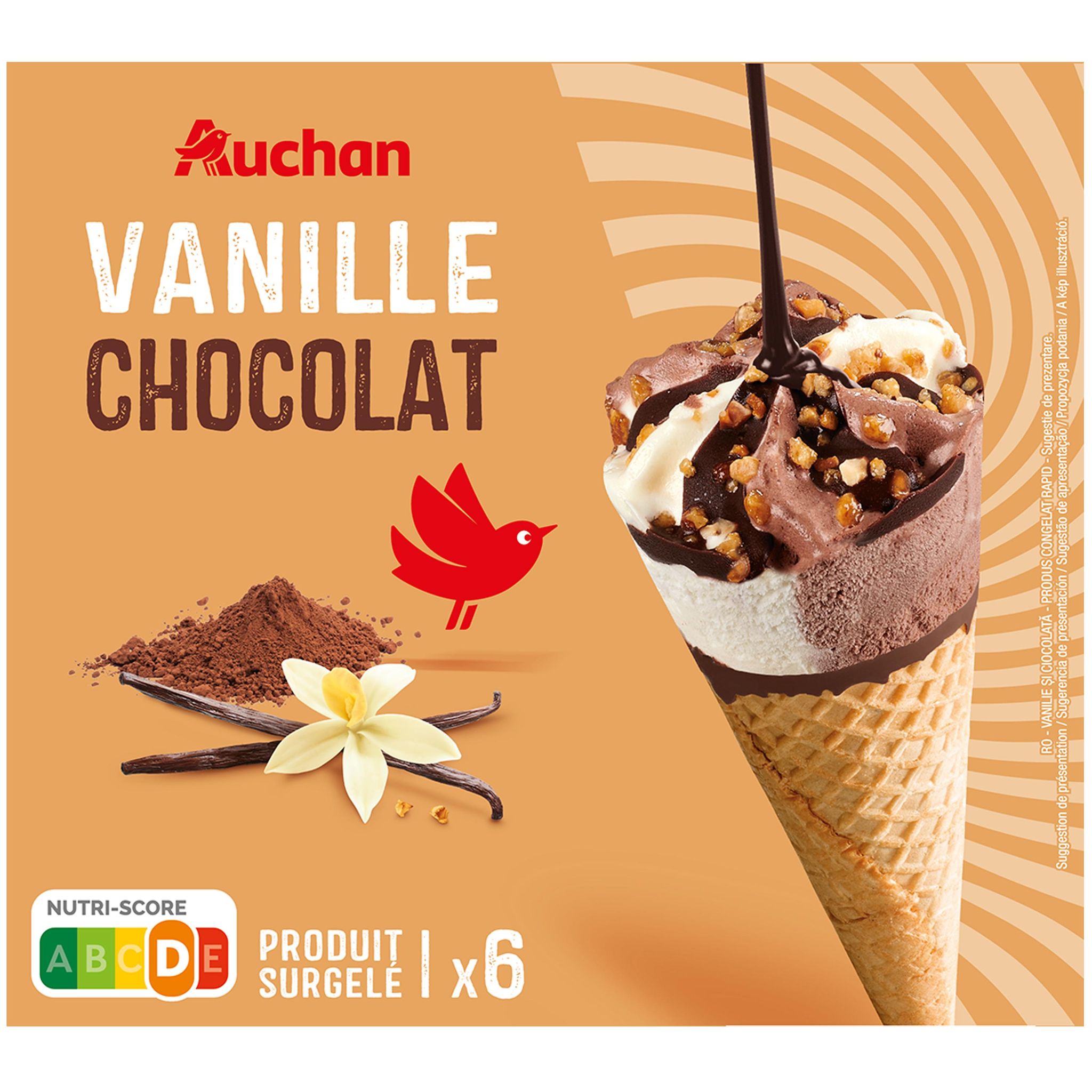 Voir la diapositive 3 : AUCHAN Cônes glacés vanille chocolat 6 pièces 415g
