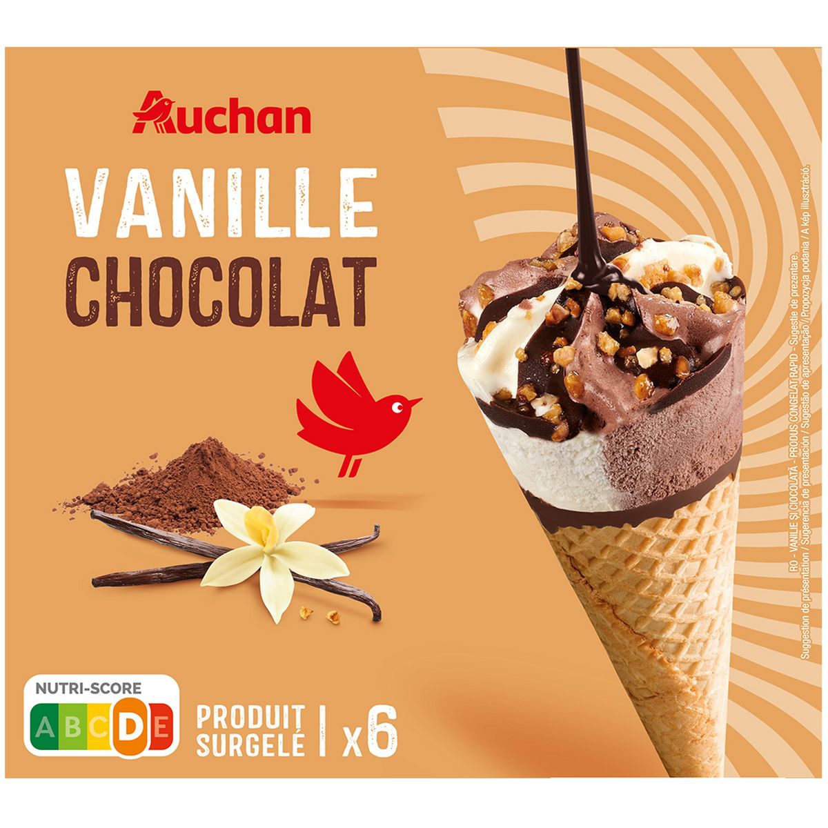 AUCHAN Cônes glacés vanille chocolat 6 pièces 415g