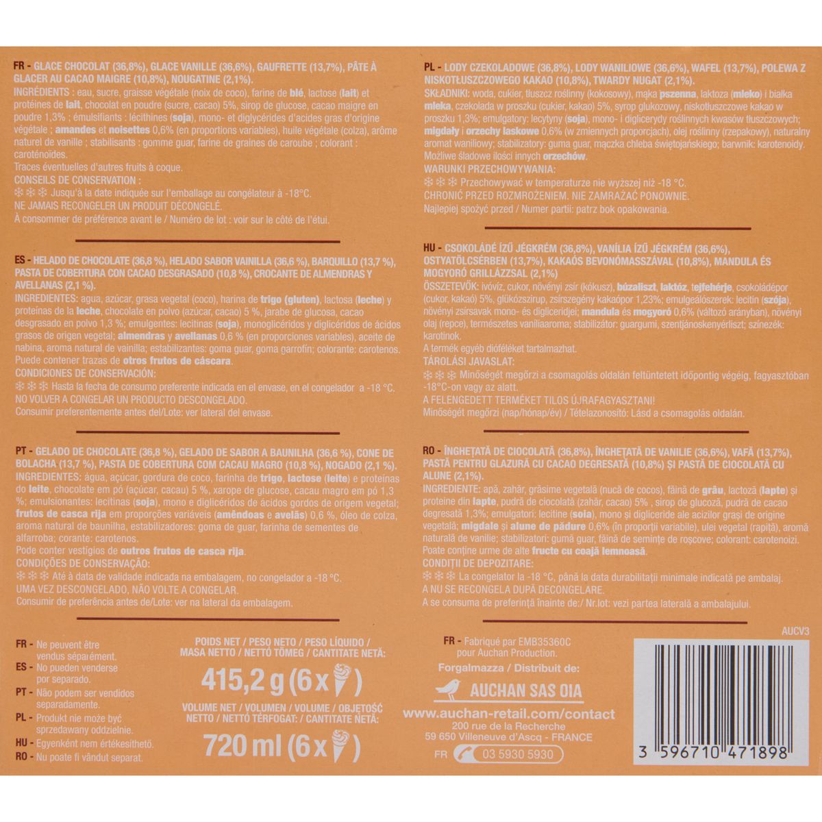 AUCHAN Cônes glacés vanille chocolat 6 pièces 415g