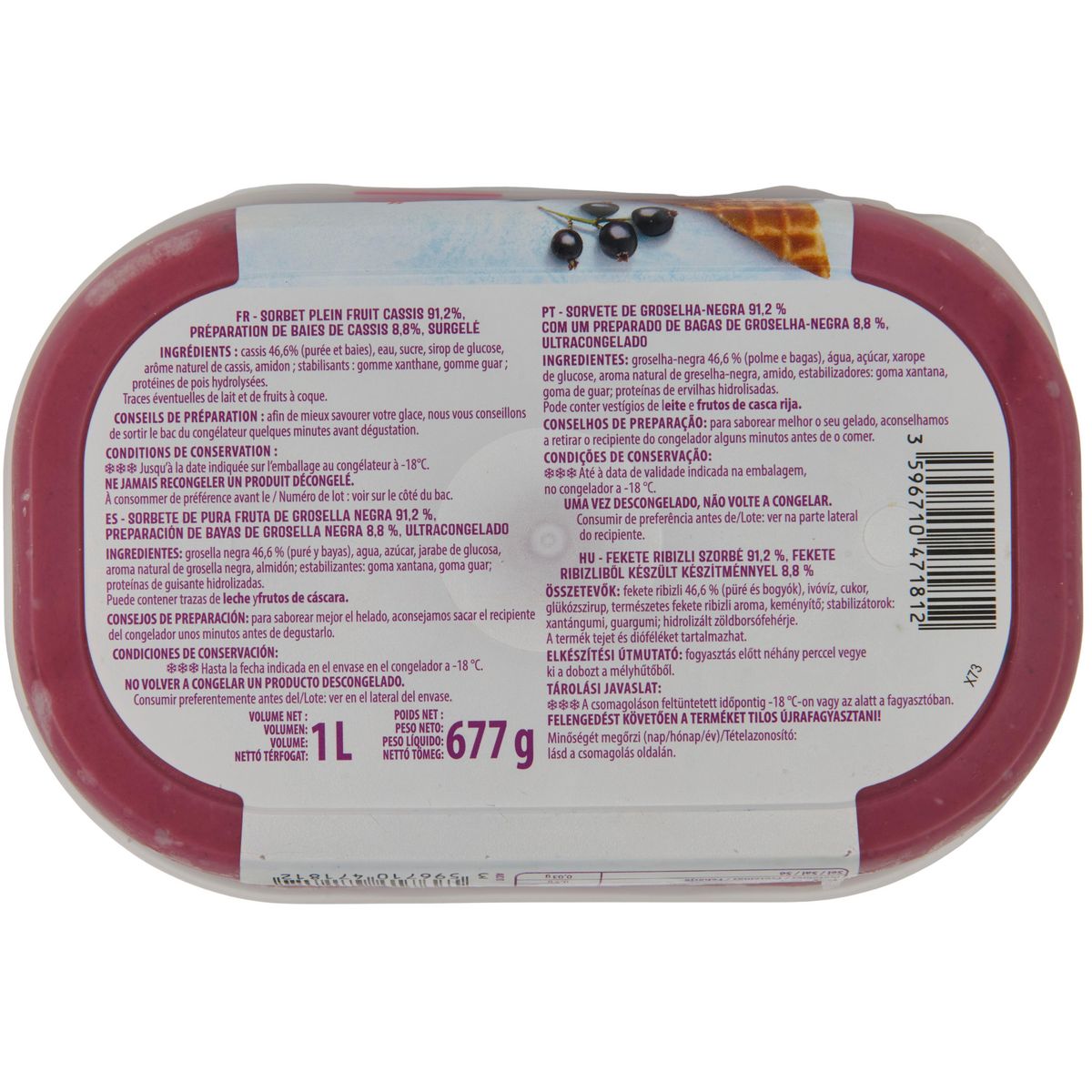 AUCHAN Sorbet au cassis avec baies de cassis 677g