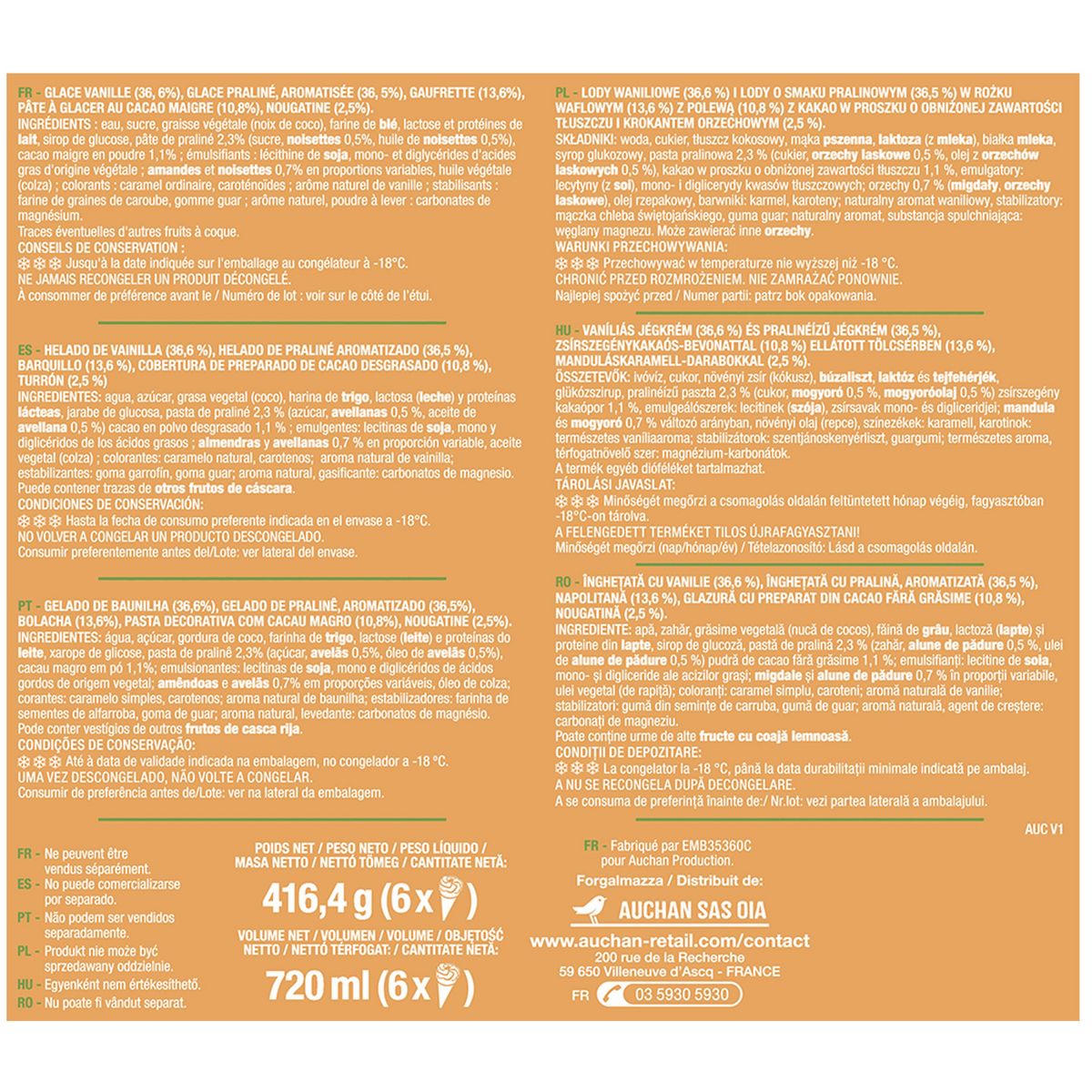 AUCHAN Cônes glacés à la vanille et praliné 6 pièces 416g