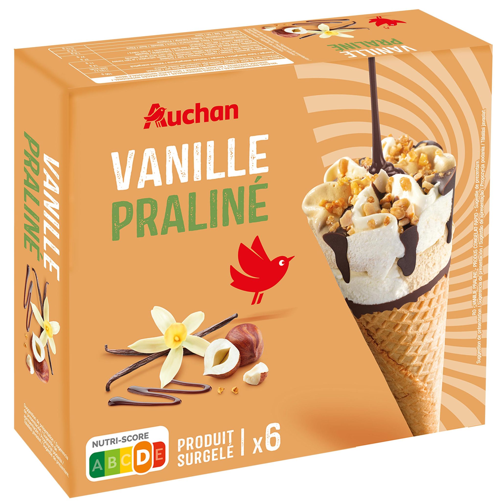 Voir la diapositive 3 : AUCHAN Cônes glacés à la vanille et praliné 6 pièces 416g