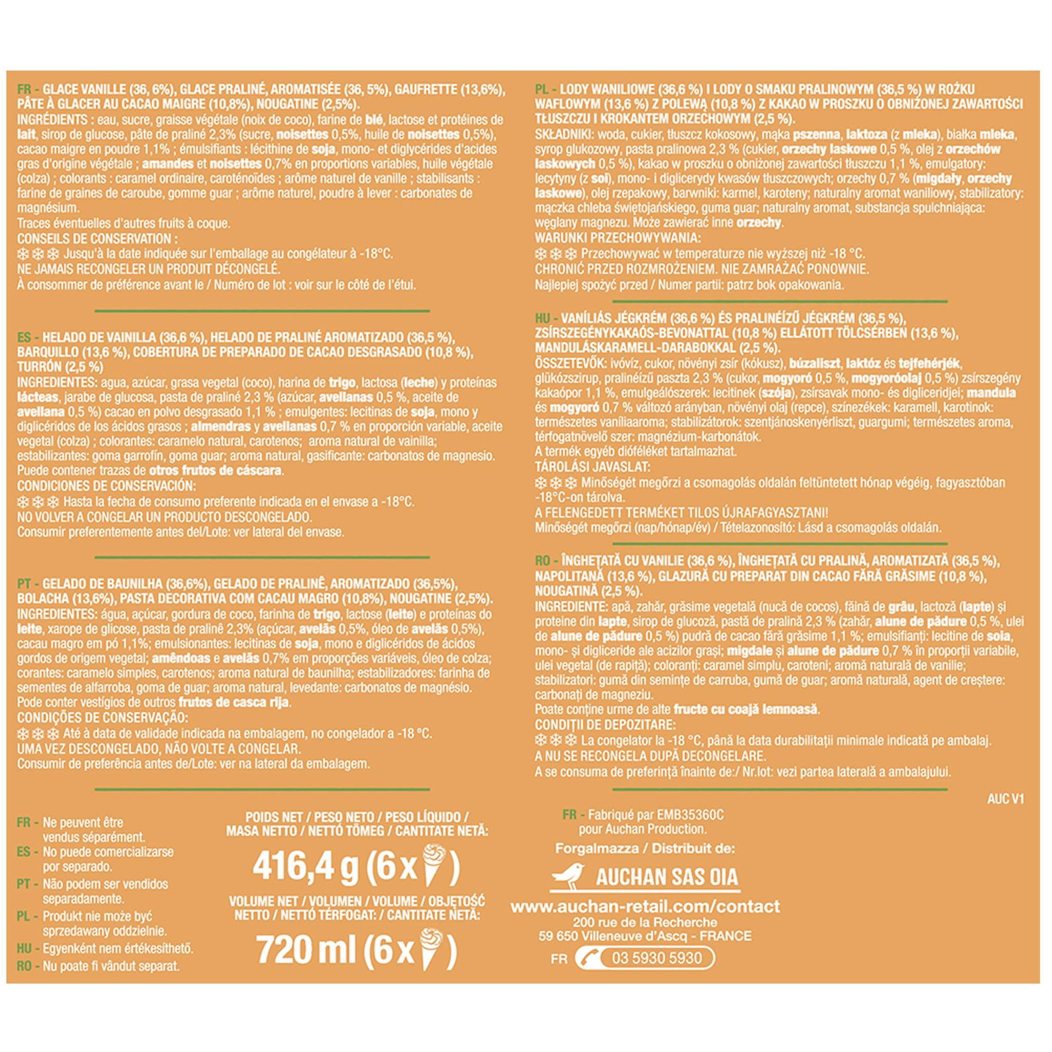 Voir la diapositive 4 : AUCHAN Cônes glacés à la vanille et praliné 6 pièces 416g