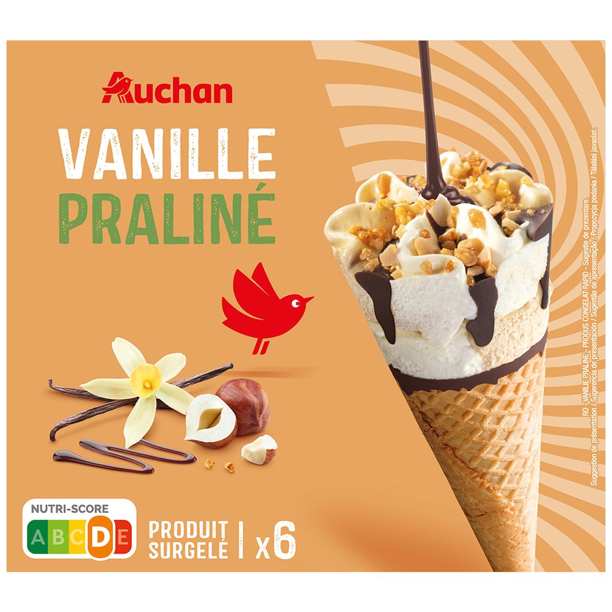AUCHAN Cônes glacés à la vanille et praliné 6 pièces 416g