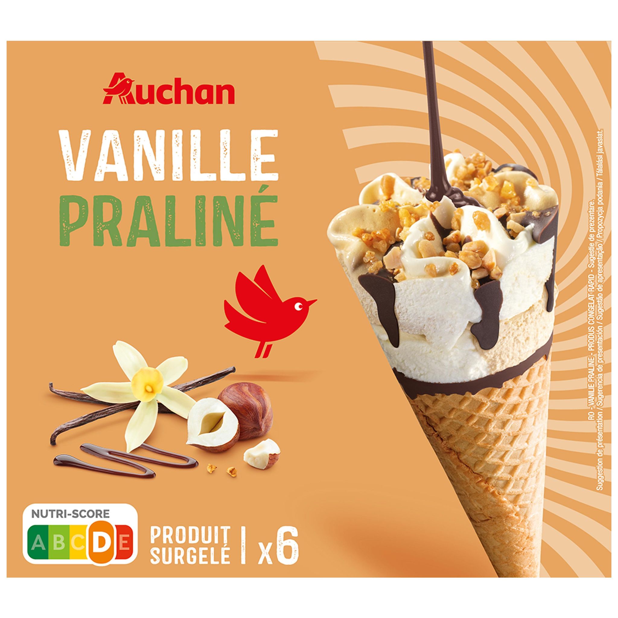Voir la diapositive 5 : AUCHAN Cônes glacés à la vanille et praliné 6 pièces 416g