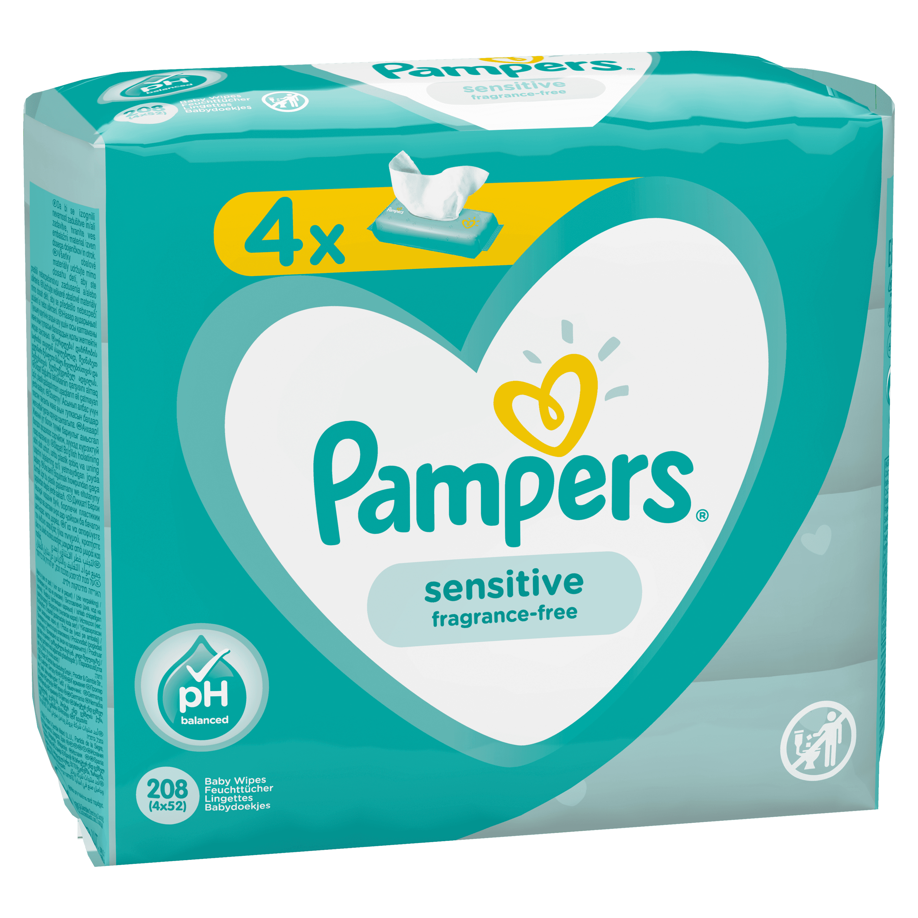 Voir la diapositive 3 : PAMPERS Lingettes sensitives sans parfum pour bébé 4x52 lingettes