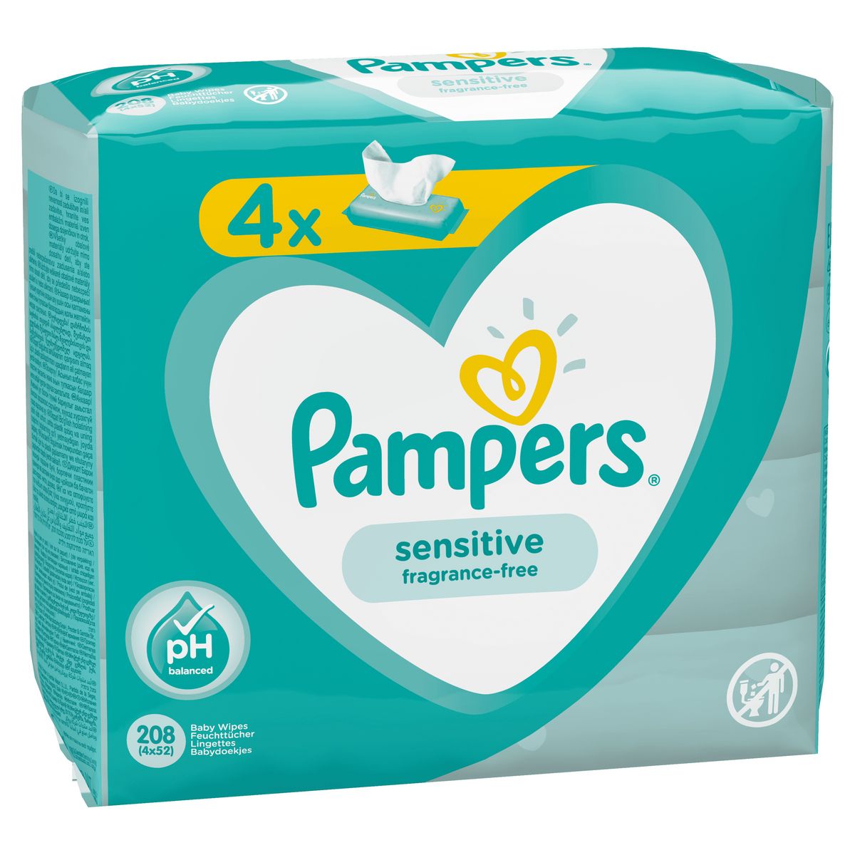 PAMPERS Lingettes sensitives sans parfum pour bébé 4x52 lingettes