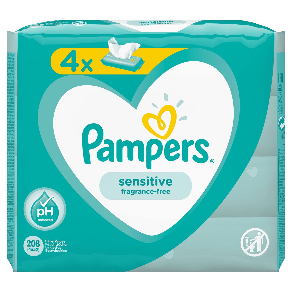 PAMPERS Lingettes sensitives sans parfum pour bébé 4x52 lingettes