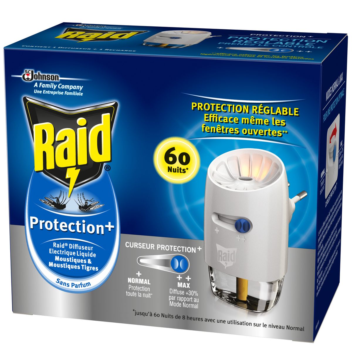RAID Diffuseur électrique anti-moustiques et moustiques tigres avec curseur de protection efficace 60 nuits 1 diffuseur