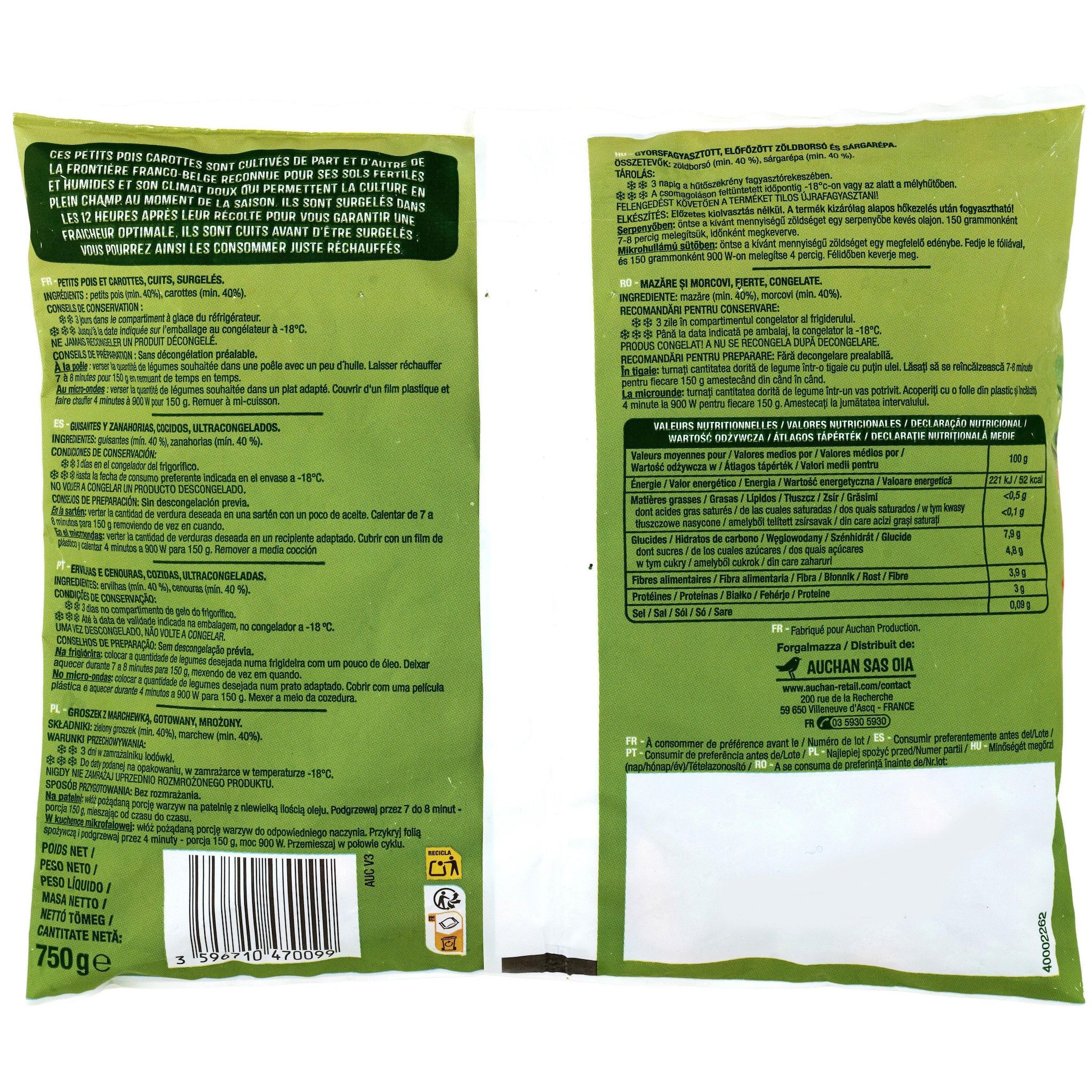 Voir la diapositive 4 : AUCHAN Petits pois carottes minute extra fins 5 portions 750g