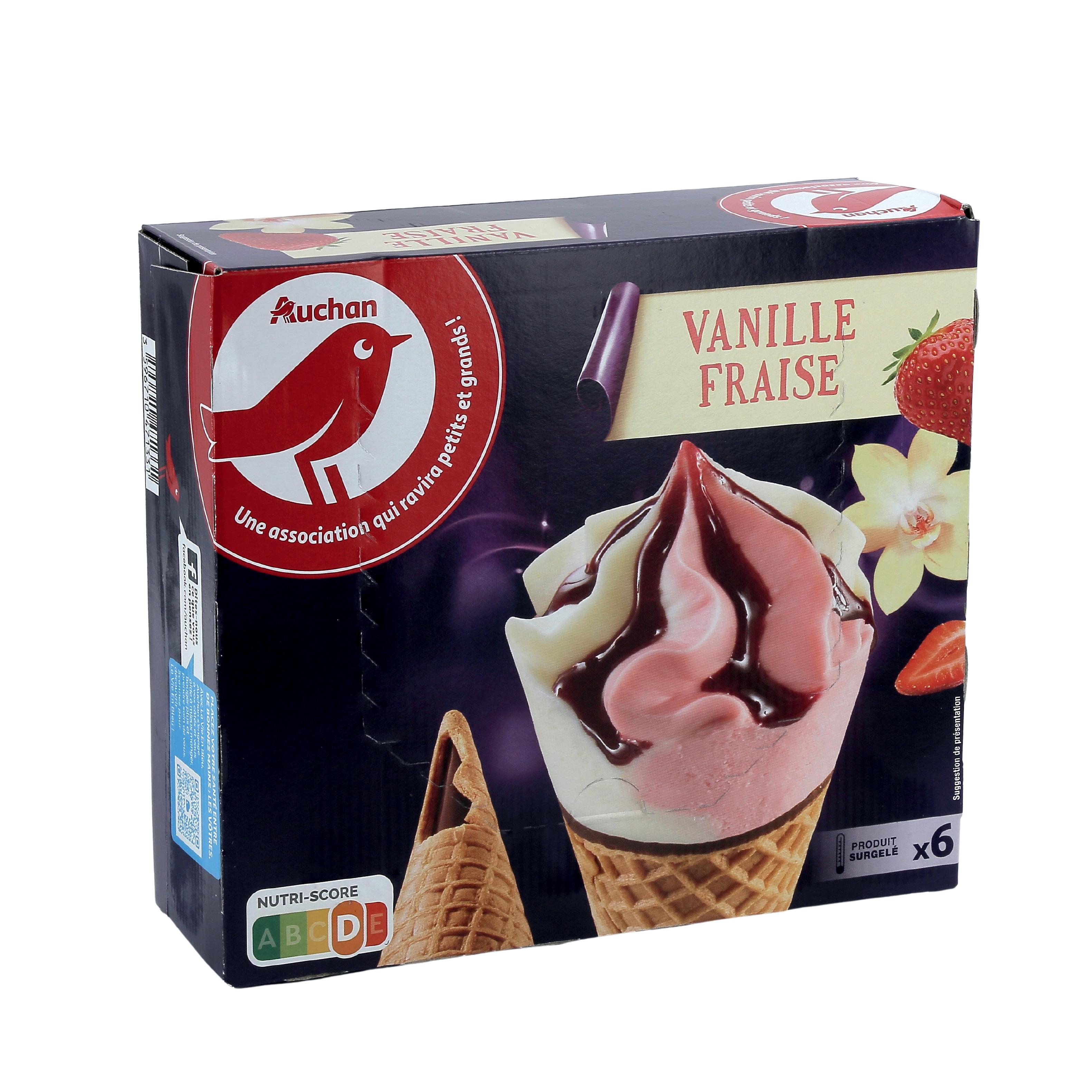 Voir la diapositive 2 : AUCHAN Cône glacé vanille fraise 6 pièces 420g