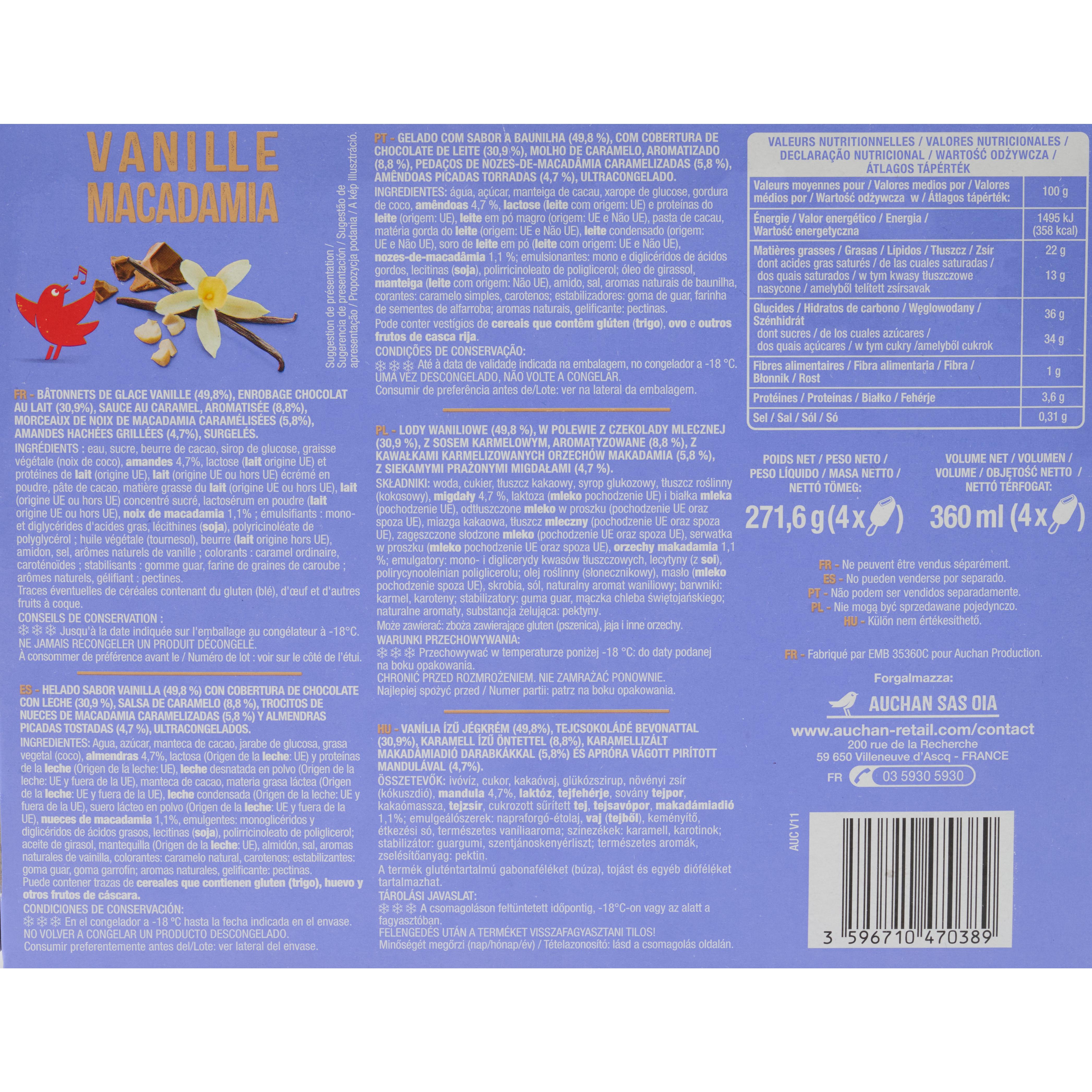 Voir la diapositive 2 : AUCHAN Bâtonnets glacés vanille macadamia 4 pièces 270g