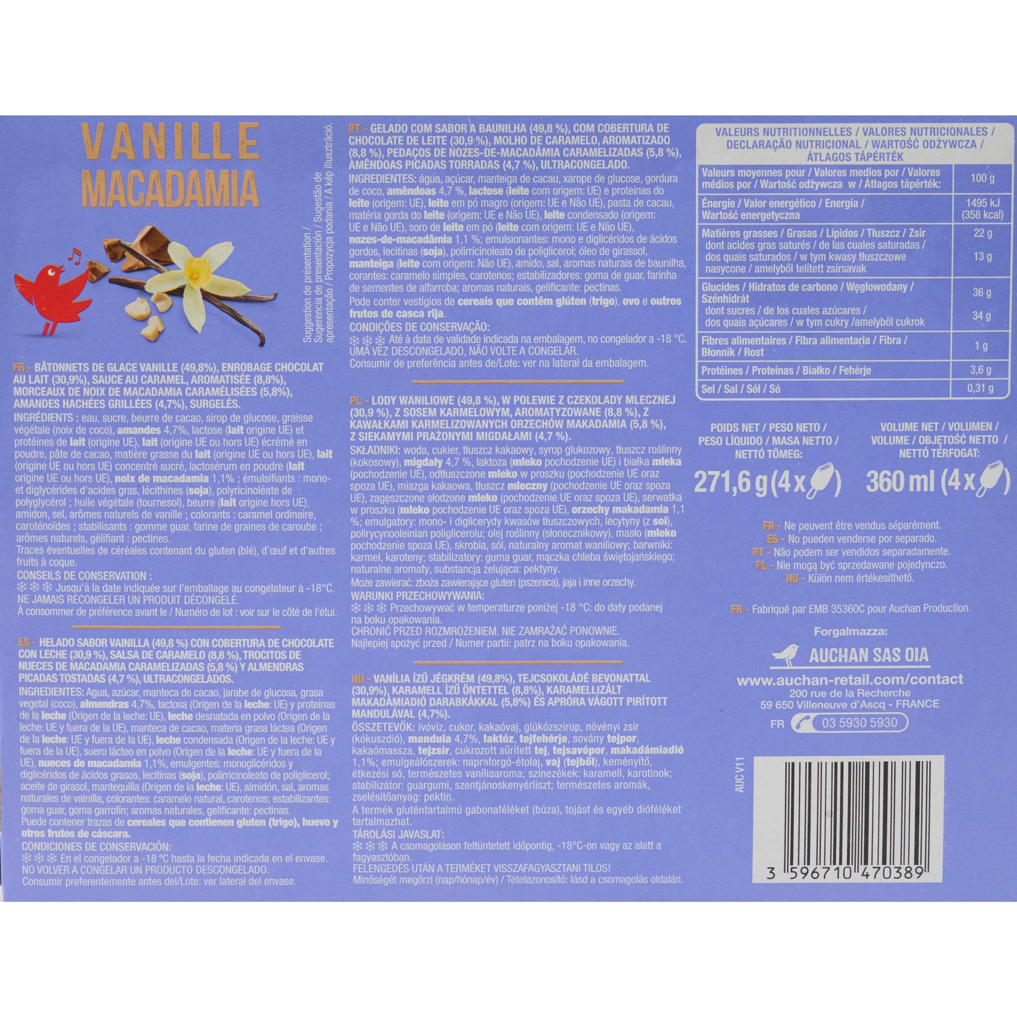 Voir la diapositive 2 : AUCHAN Bâtonnets glacés vanille macadamia 4 pièces 270g