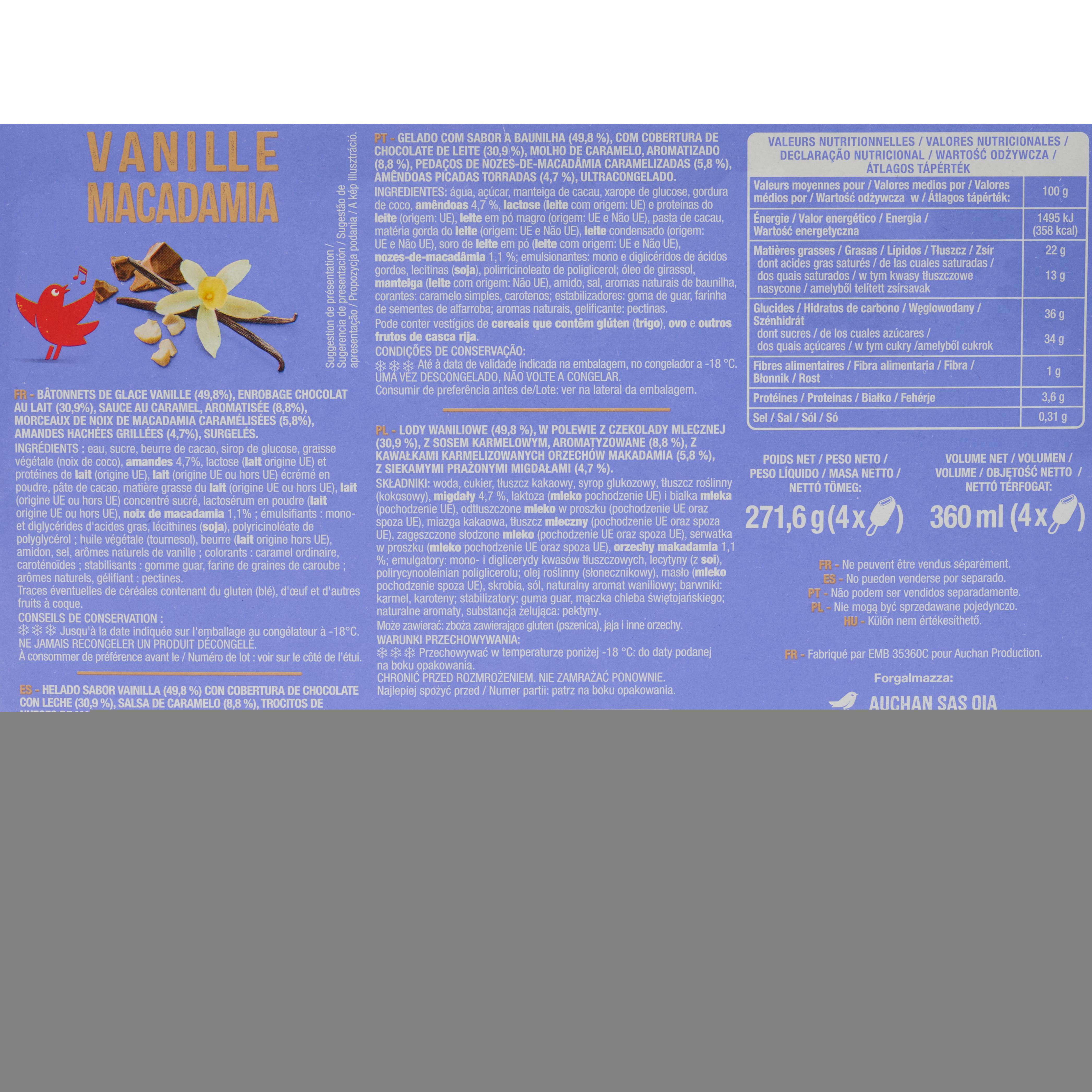 Voir la diapositive 4 : AUCHAN Bâtonnets glacés vanille macadamia 4 pièces 270g