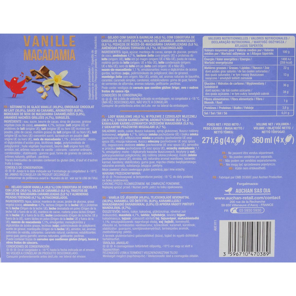 AUCHAN Bâtonnets glacés vanille macadamia 4 pièces 270g